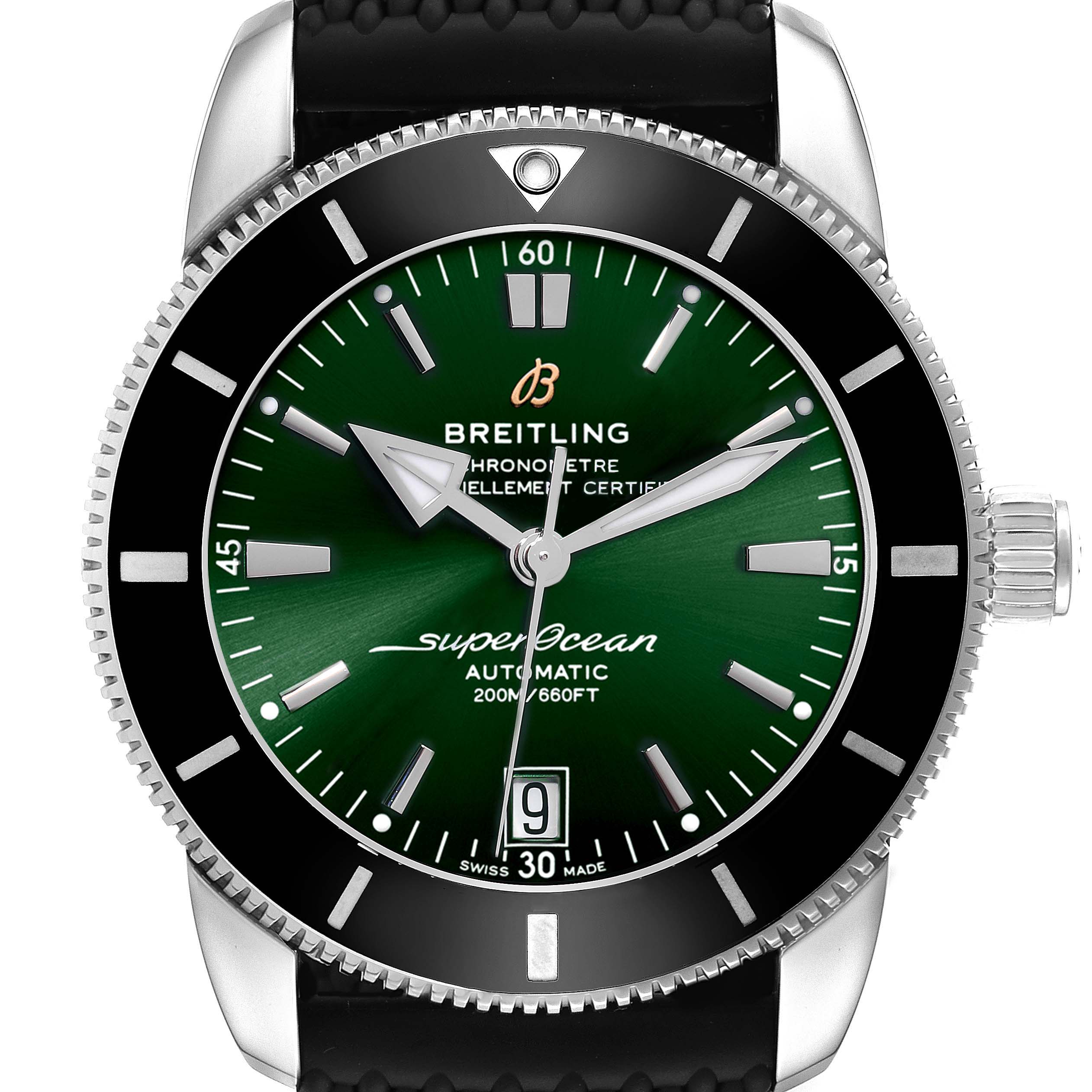 The image shows a front view of the Breitling Superocean AB2010 Men's Stainless Steel Green Dial AB2010 Men's Stainless Steel Green Dial watch, highlighting the green dial, bezel, hands, and date display.