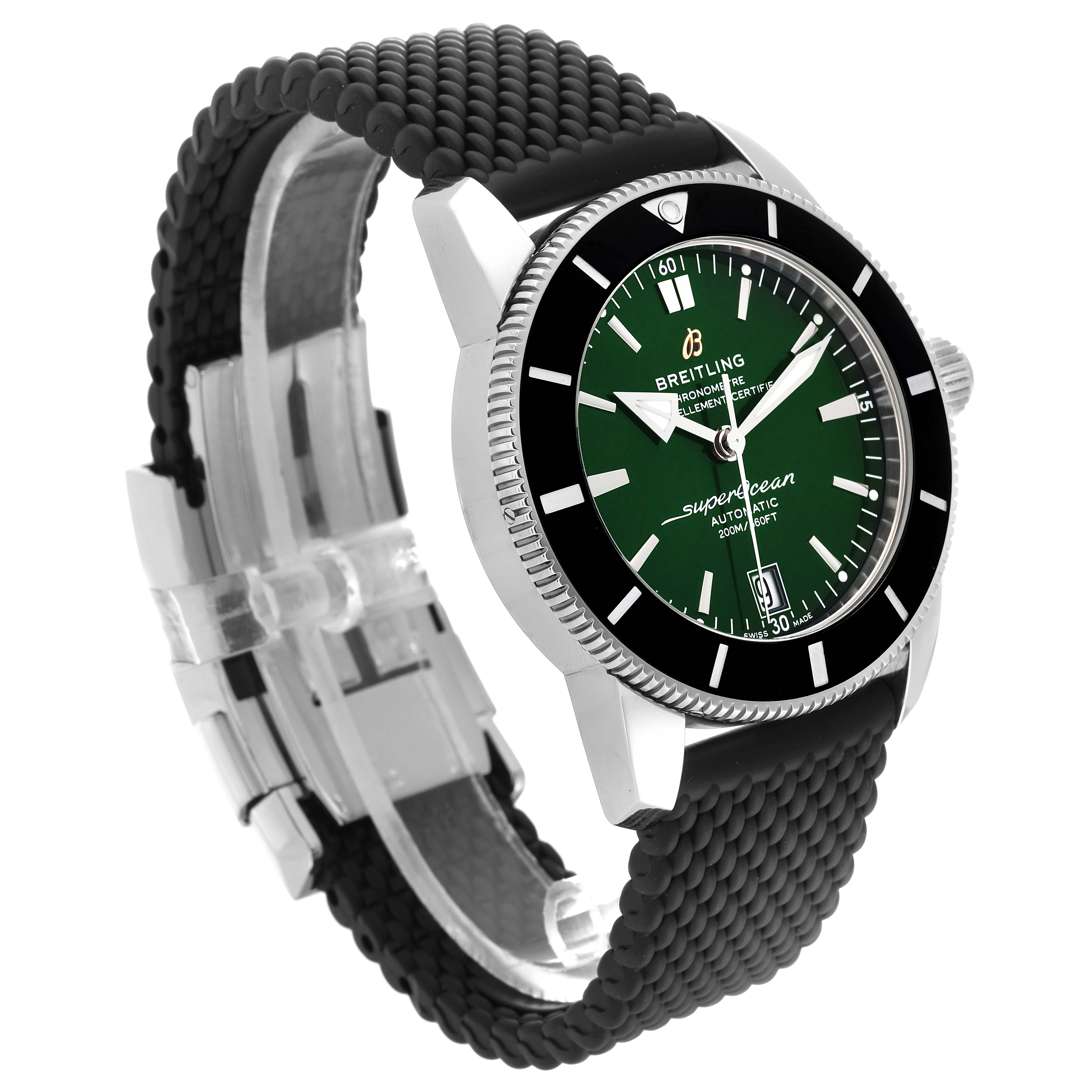 The image shows a Breitling Superocean AB2010 Men's Stainless Steel Green Dial AB2010 Men's Stainless Steel Green Dial watch from a front-side angle, displaying the green dial, bezel, and rubber strap.