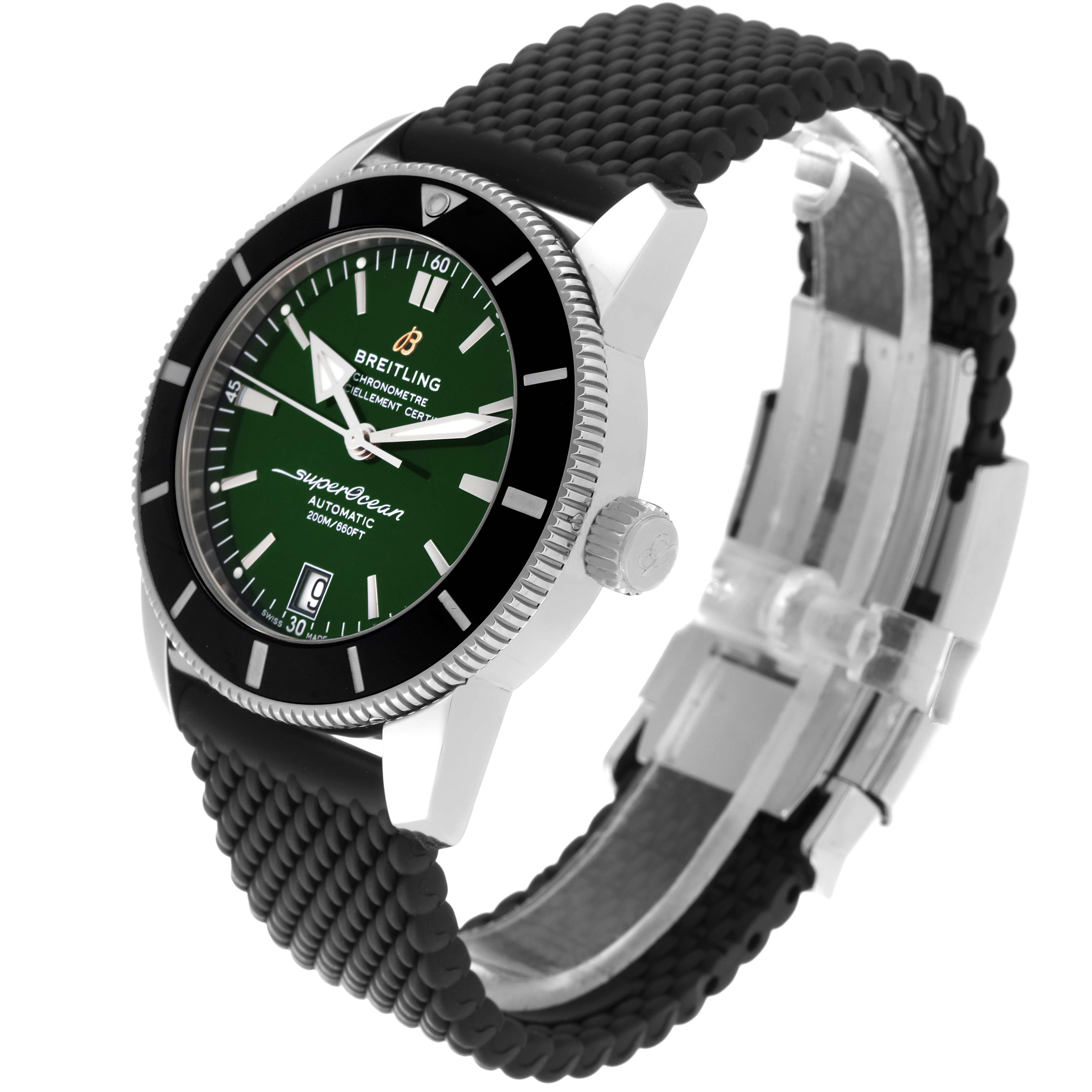 The Breitling Superocean AB2010 Men's Stainless Steel Green Dial AB2010 Men's Stainless Steel Green Dial watch is shown at an angle highlighting the green dial, bezel, crown, and textured black strap.