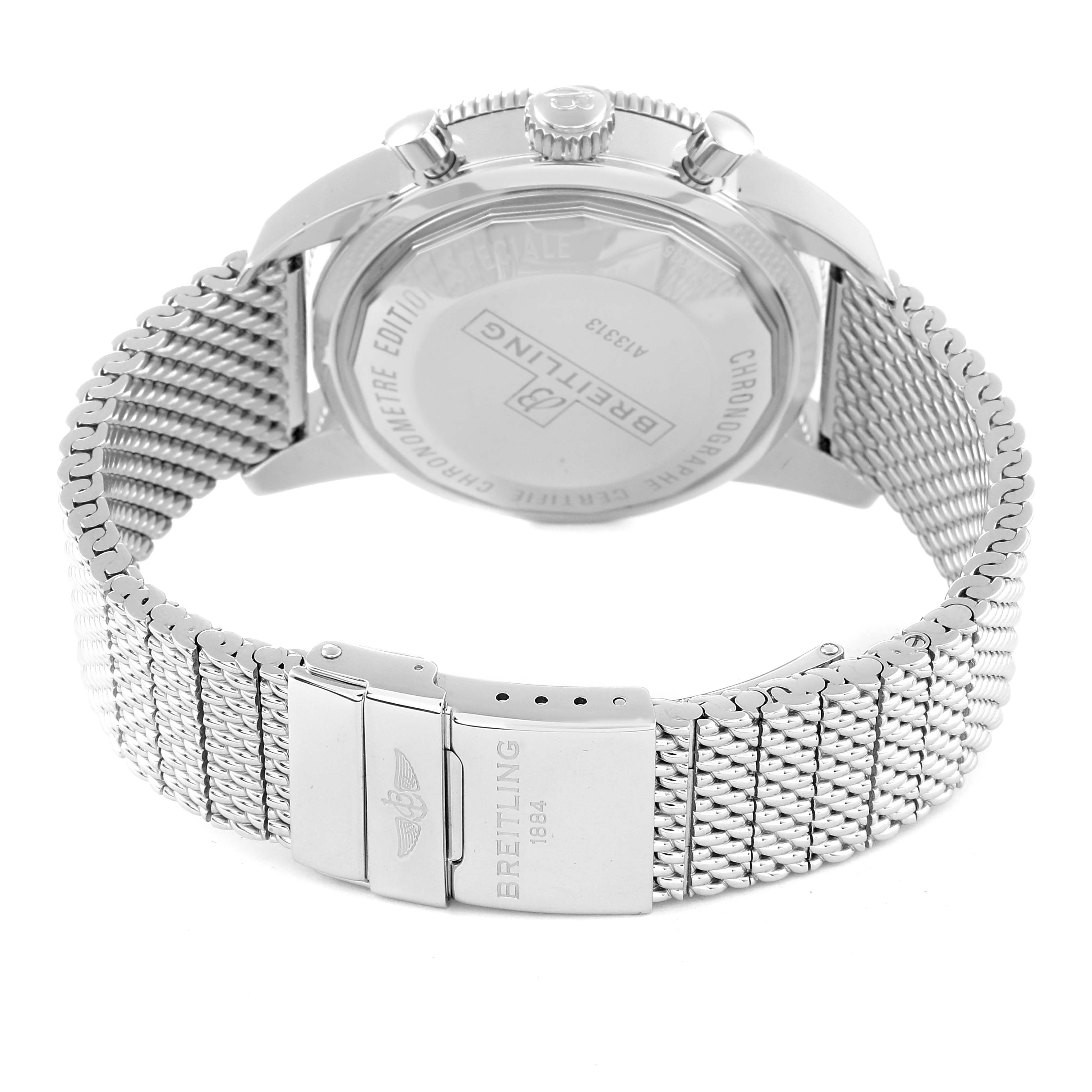 The Breitling Superocean A13320 Men
s Stainless Steel Black Dial A13320 Men
s Stainless Steel Black Dial watch is shown from the back, featuring the case back and mesh bracelet with clasp.