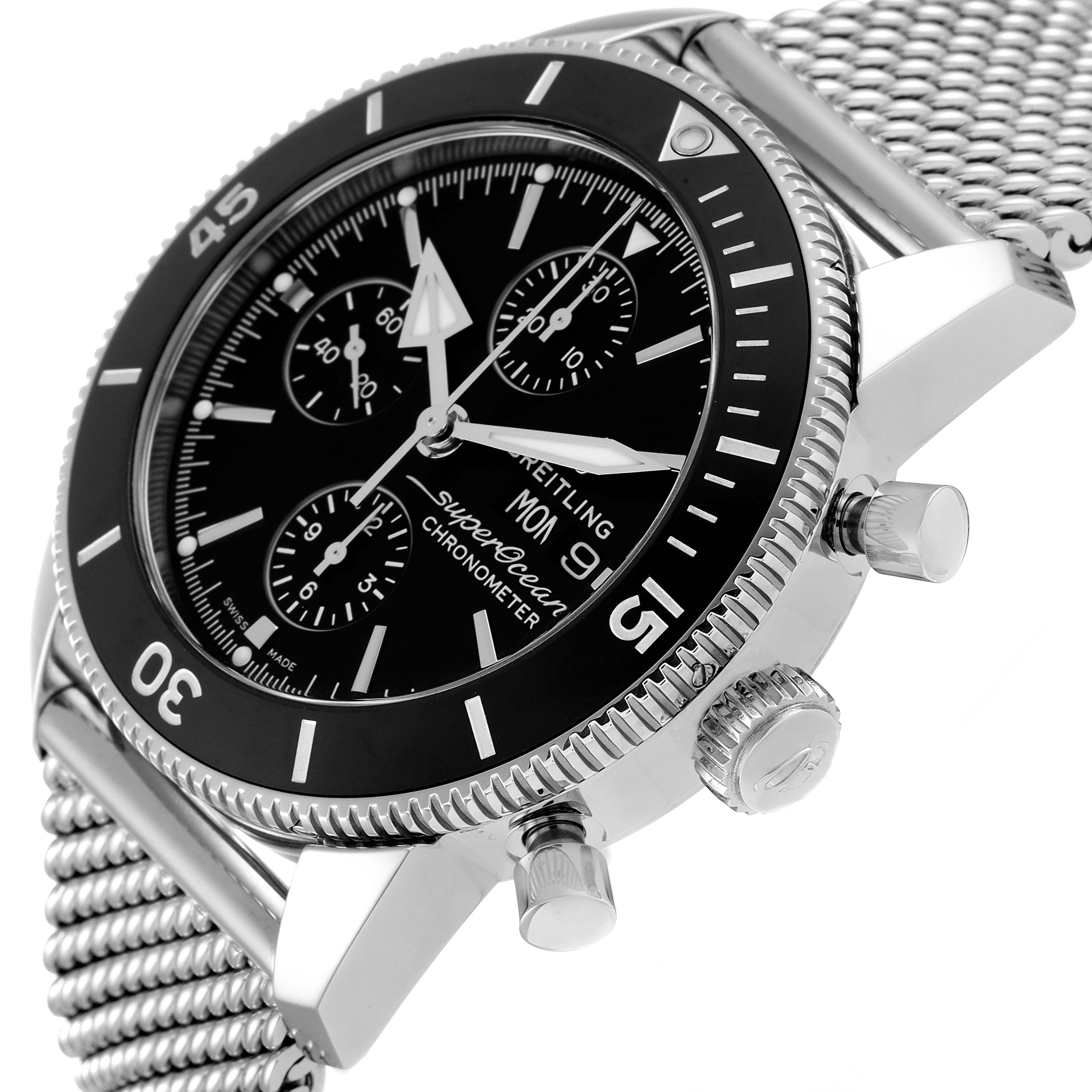 The image shows a Breitling Superocean A13320 Men
s Stainless Steel Black Dial A13320 Men
s Stainless Steel Black Dial watch at a tilted angle, highlighting the bezel, dial, and side pushers.