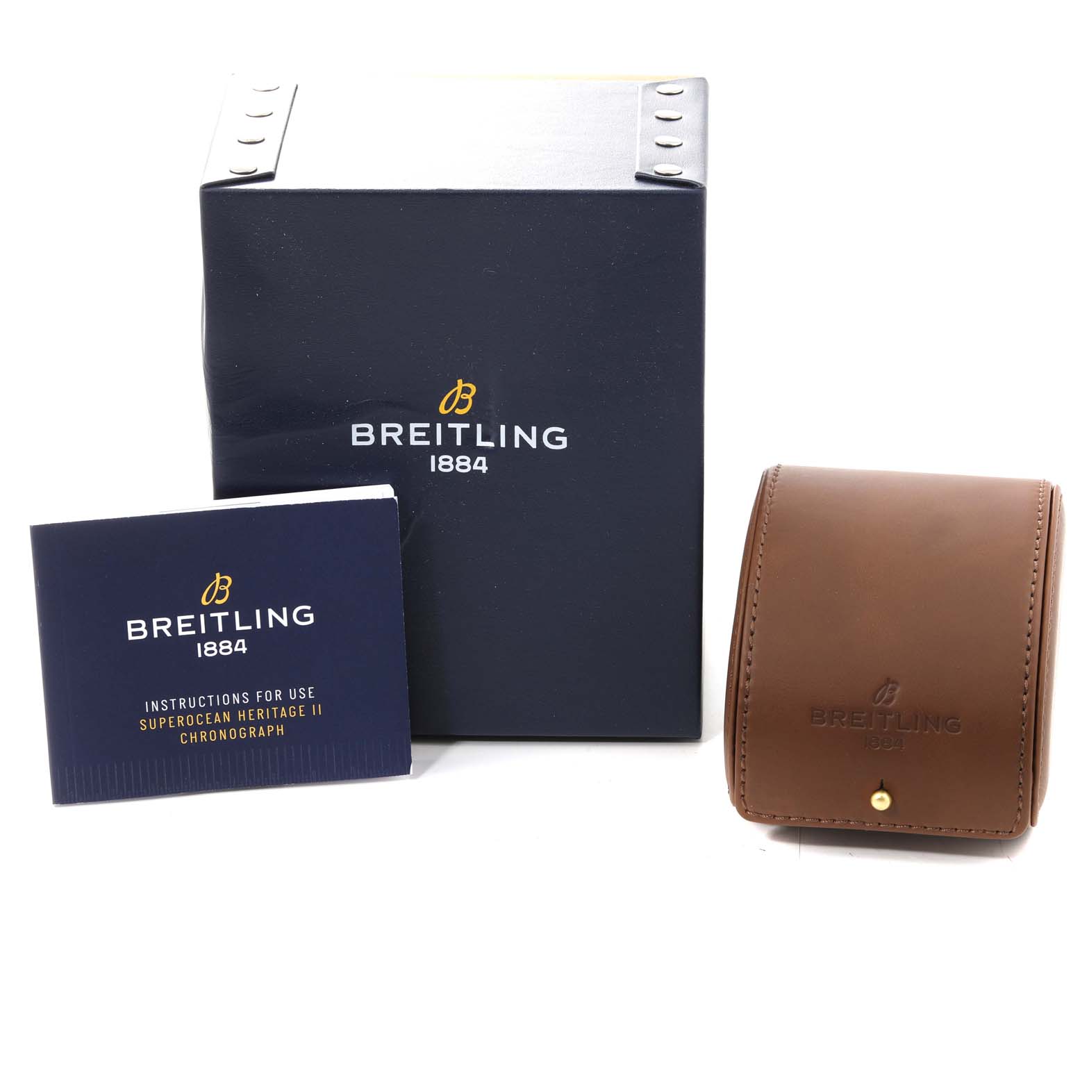 The image shows the Breitling Superocean A13320 Men
s Stainless Steel Black Dial A13320 Men
s Stainless Steel Black Dial box, instructions, and a leather case from a front angle.