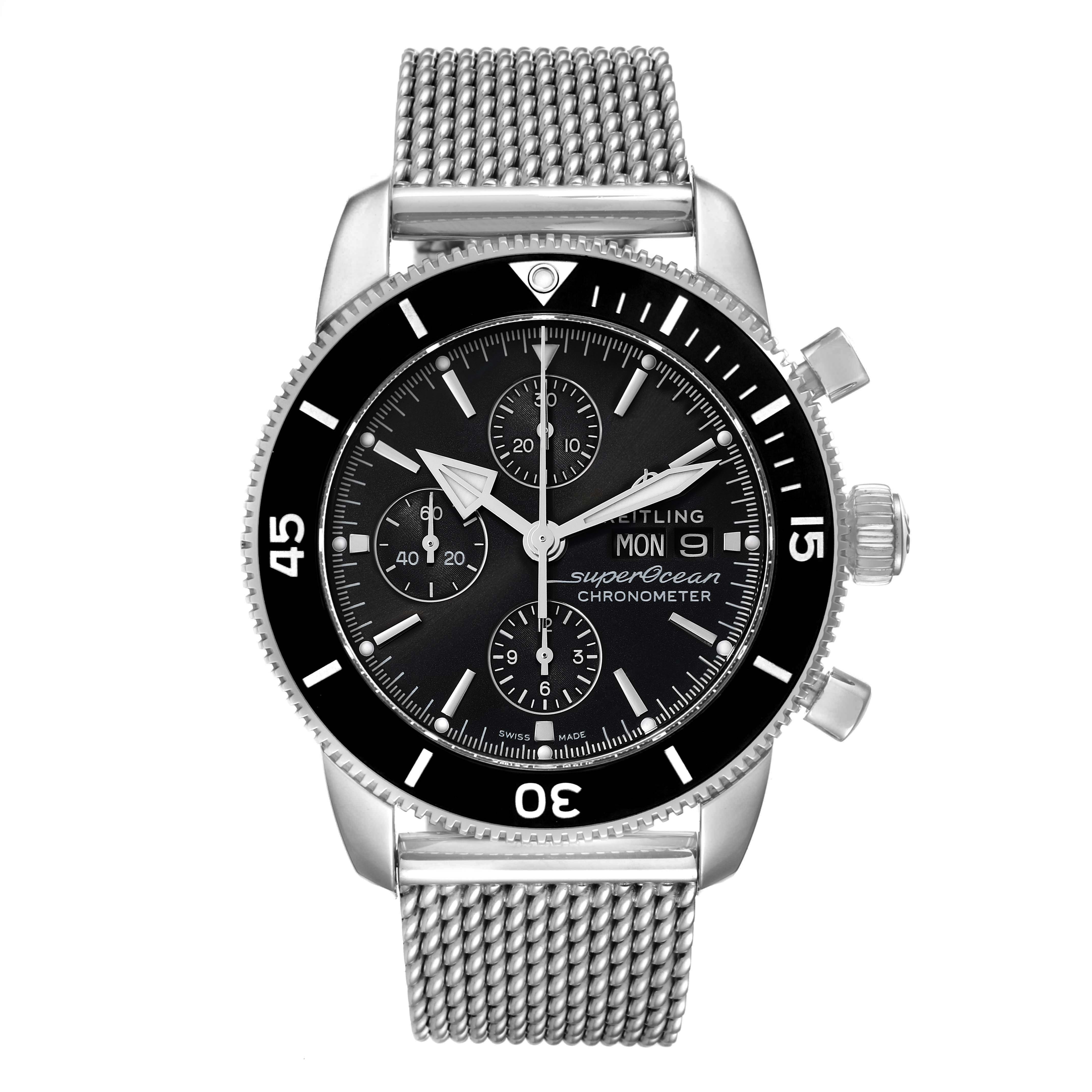 The Breitling Superocean A13320 Men
s Stainless Steel Black Dial A13320 Men
s Stainless Steel Black Dial watch is shown from the front, displaying its dial, bezel, and mesh bracelet.