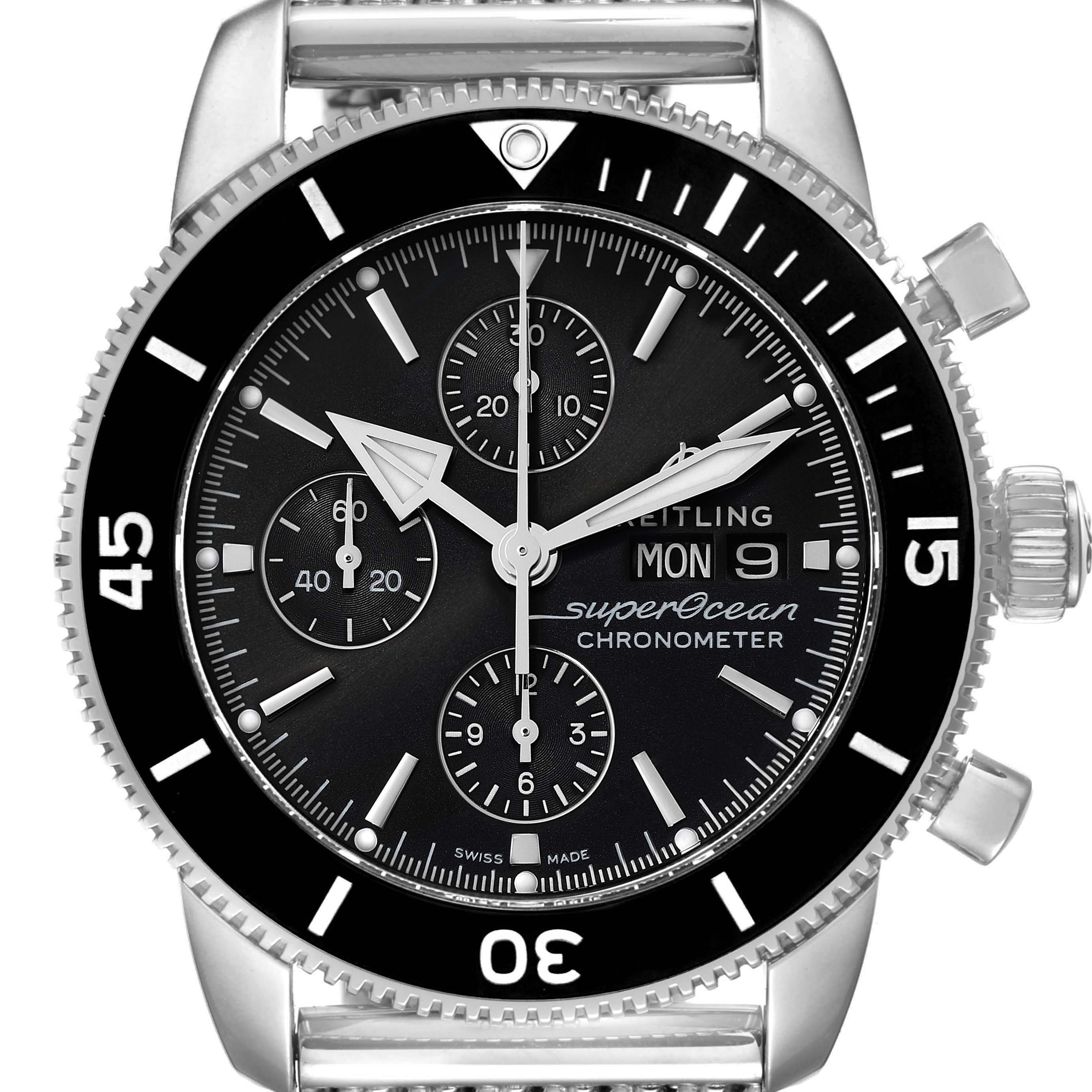 The Breitling Superocean A13320 Men
s Stainless Steel Black Dial A13320 Men
s Stainless Steel Black Dial watch is shown from the front, displaying its bezel, dial, chronograph subdials, and crown.