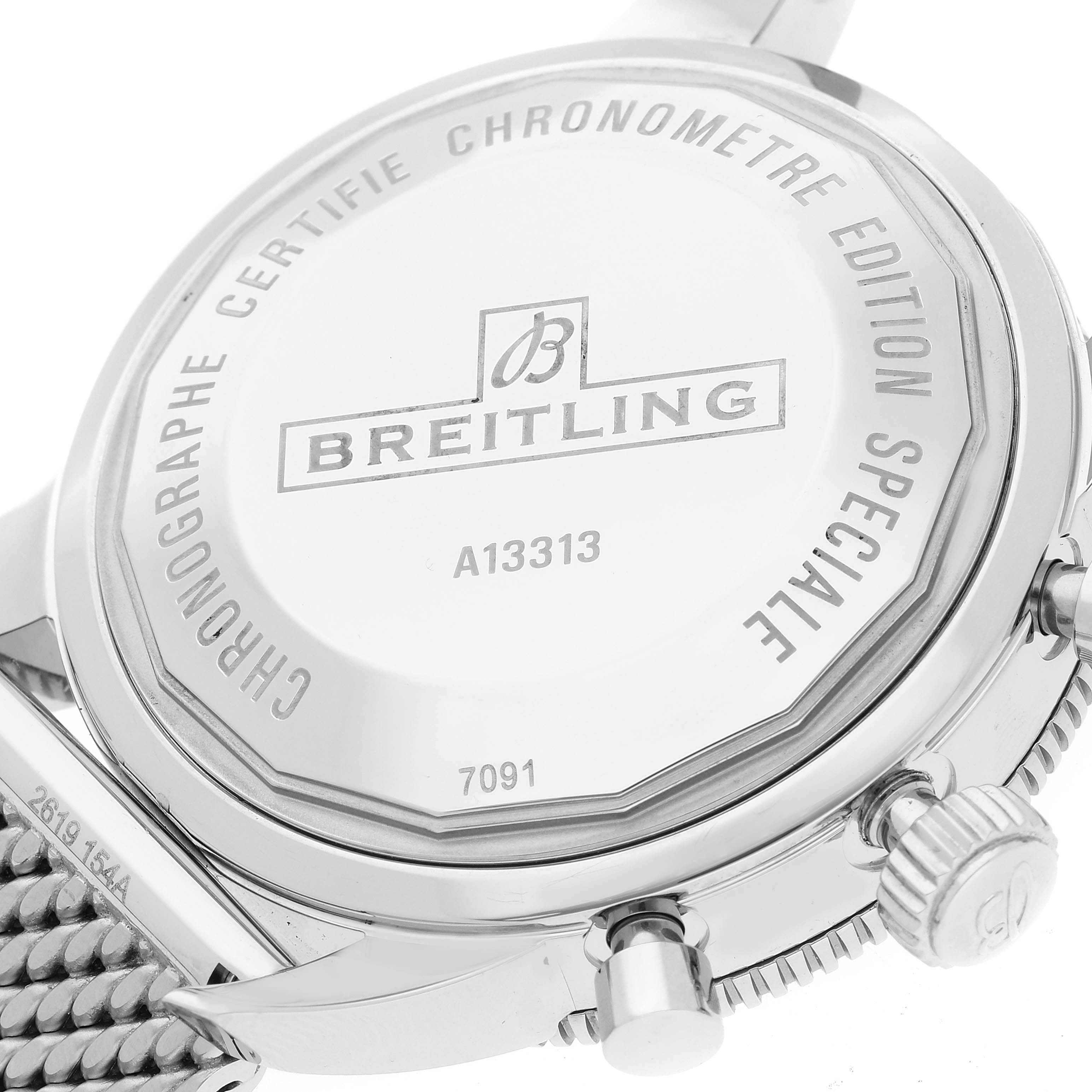 The image shows the back and side view of the Breitling Superocean A13320 Men
s Stainless Steel Black Dial A13320 Men
s Stainless Steel Black Dial watch, highlighting the case back and crown.