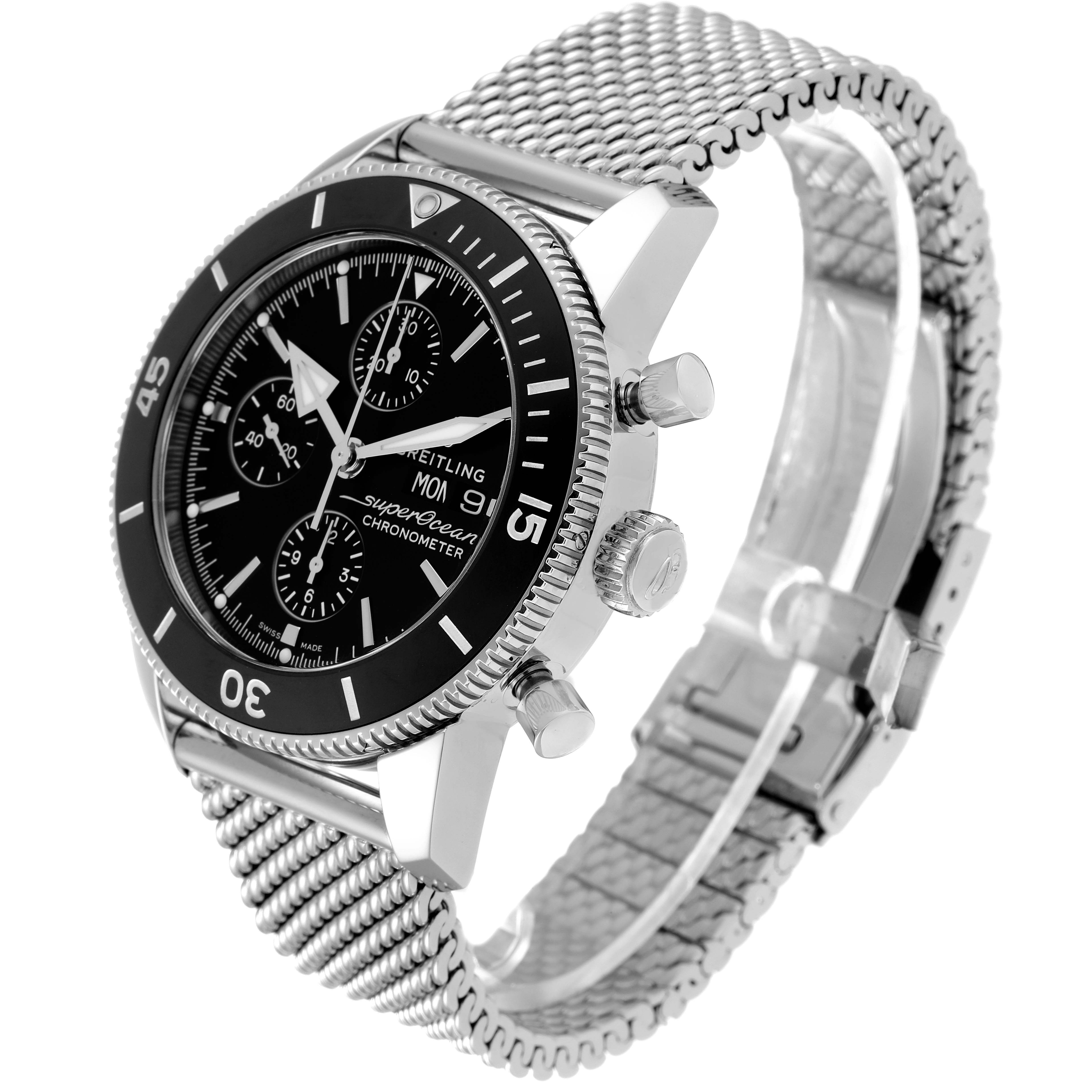 The Breitling Superocean A13320 Men
s Stainless Steel Black Dial A13320 Men
s Stainless Steel Black Dial watch is shown at an angled side view, highlighting the bezel, dial, chronograph subdials, crown, and mesh bracelet.