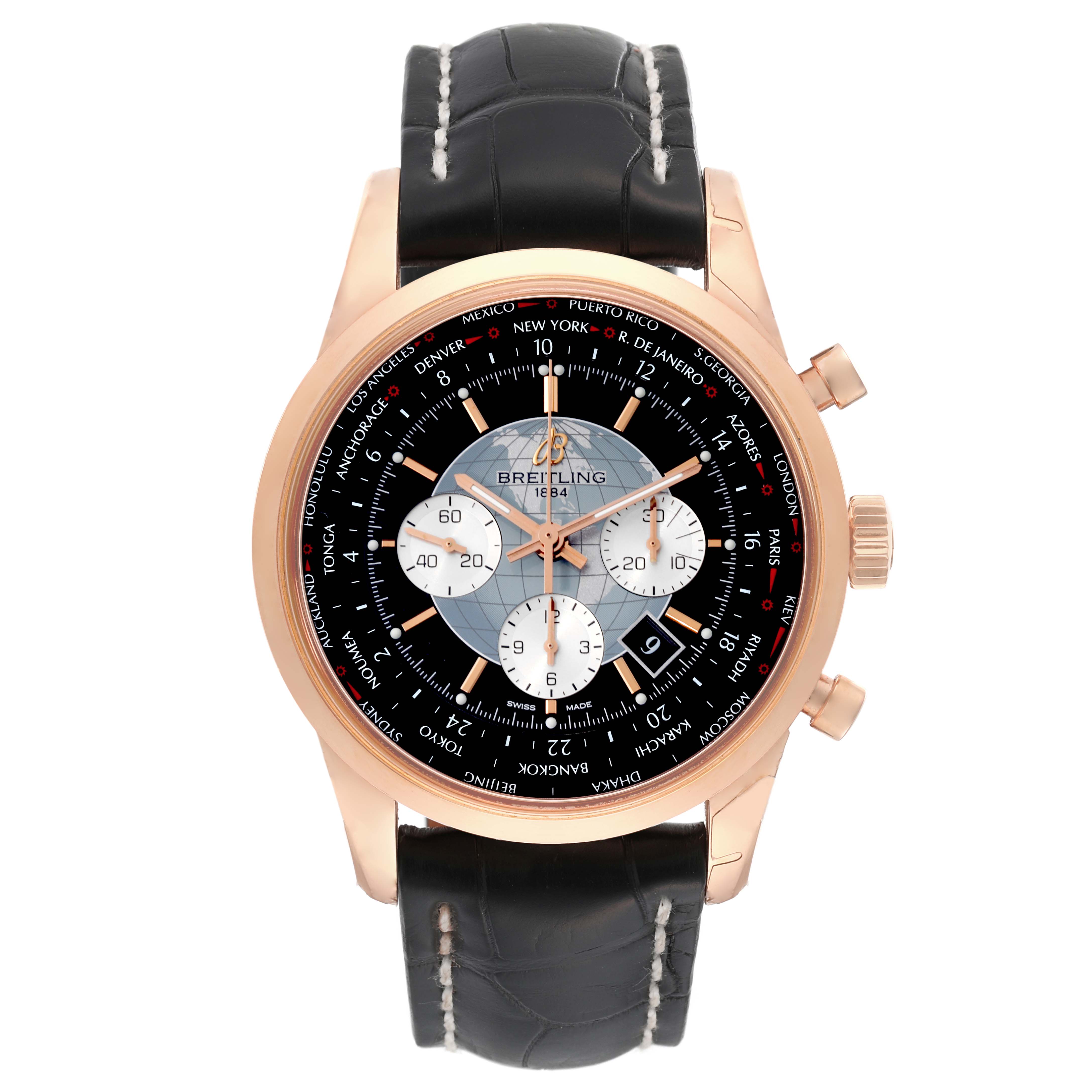 The Breitling Transocean RB0510U4-BB63BKLD Men's Rose Gold Black Dial RB0510U4-BB63BKLD Men's Rose Gold Black Dial watch is shown from a top view, displaying its face, bezel, crown, pushers, and black leather strap.