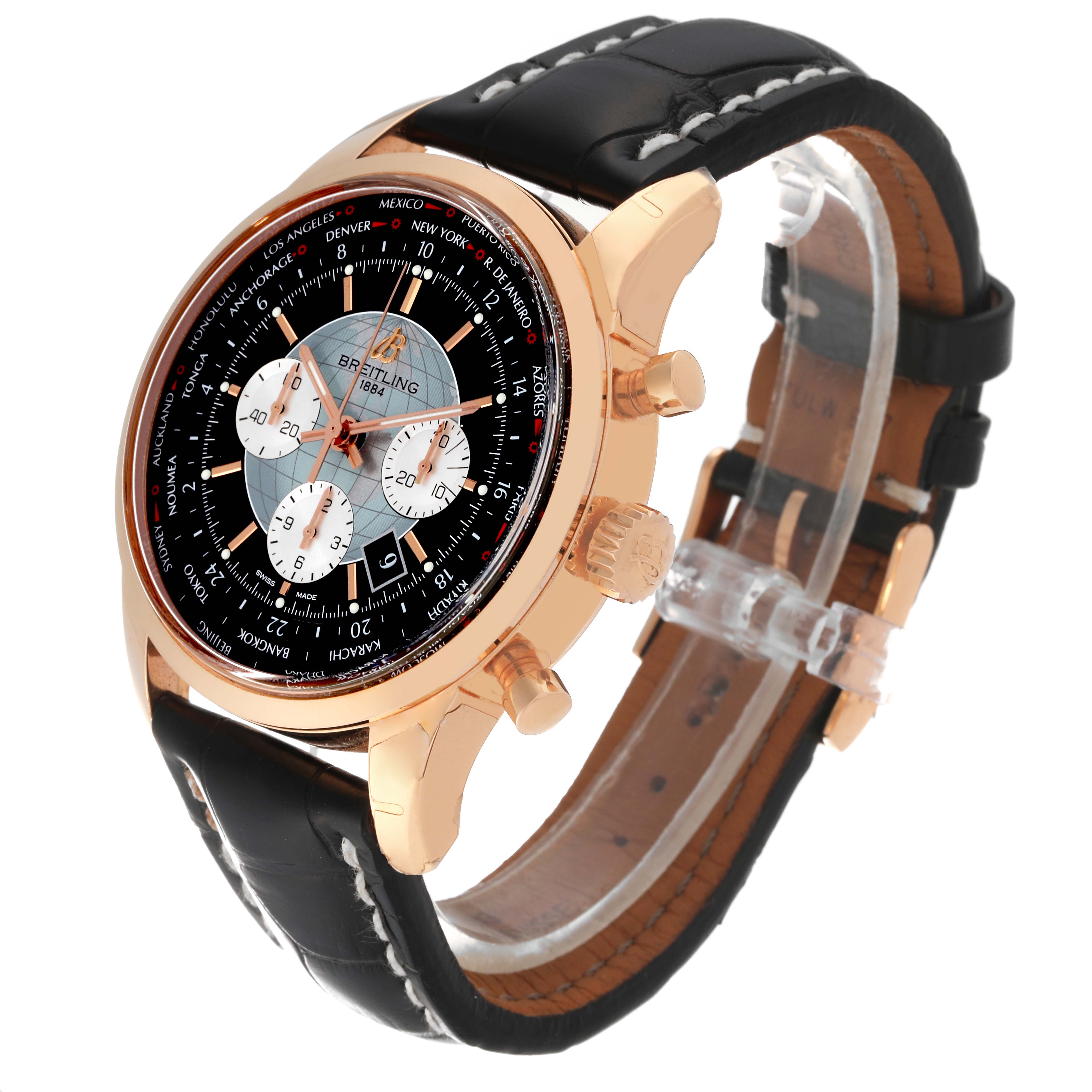 The image shows a Breitling Transocean RB0510U4-BB63BKLD Men's Rose Gold Black Dial RB0510U4-BB63BKLD Men's Rose Gold Black Dial watch angled slightly from the side, highlighting the dial, case, crown, pushers, and strap.