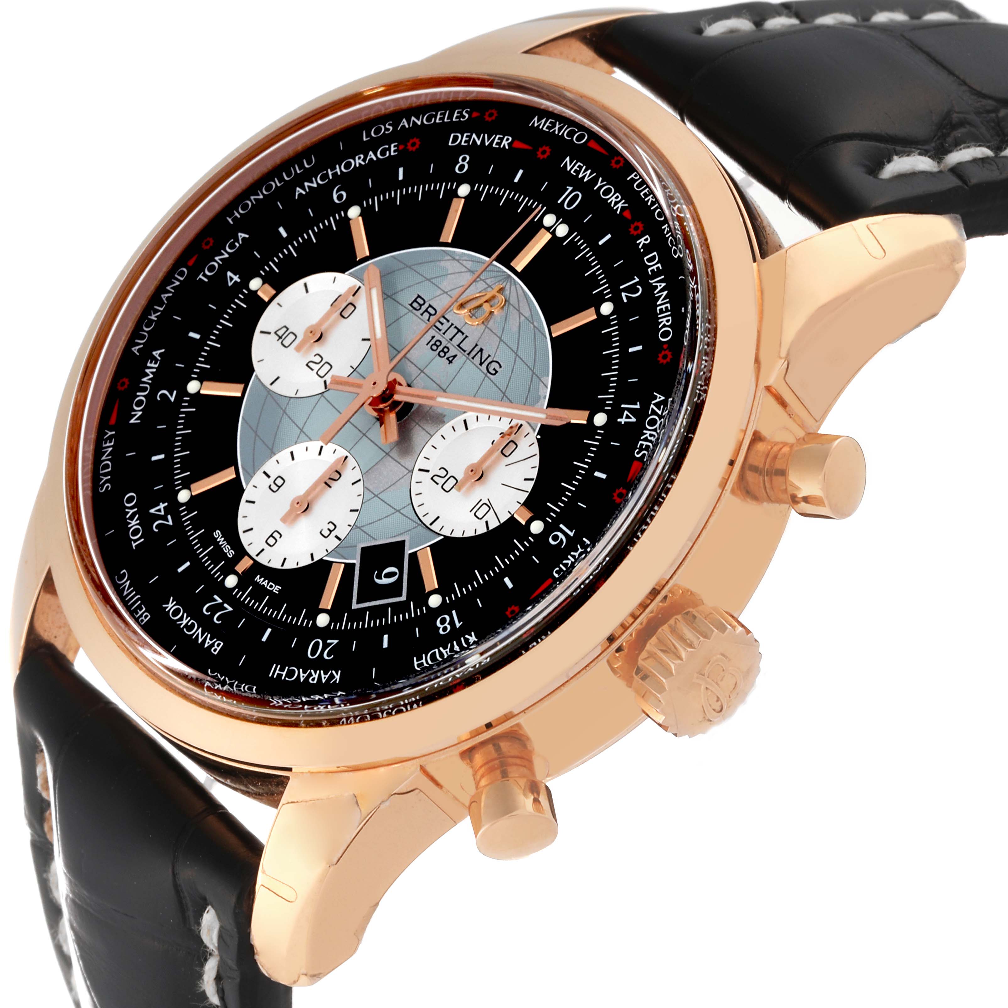 The Breitling Transocean RB0510U4-BB63BKLD Men's Rose Gold Black Dial RB0510U4-BB63BKLD Men's Rose Gold Black Dial watch is shown at a slight angle, highlighting the side profile, dial, crown, and pushers, with a leather strap.