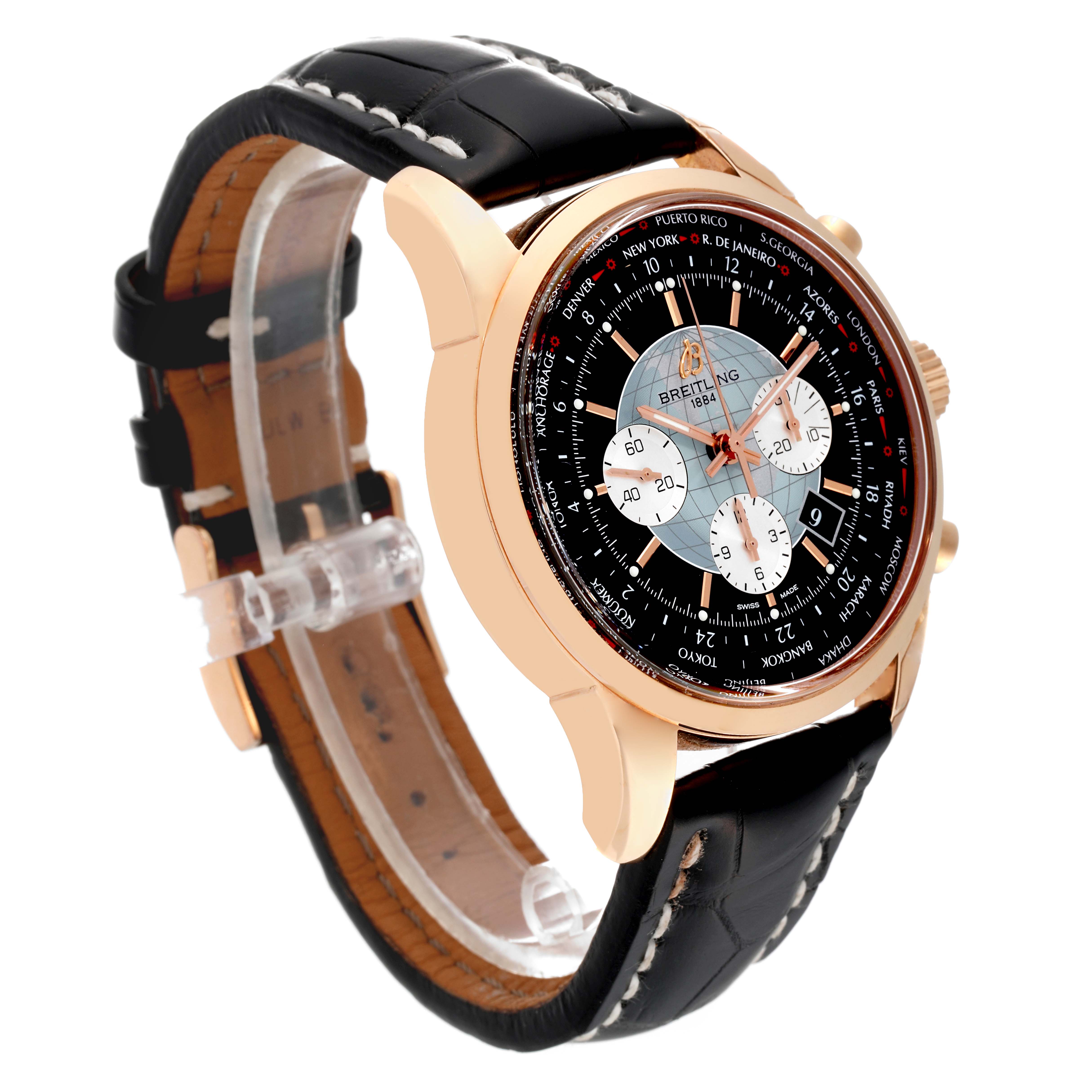 The image shows a Breitling Transocean RB0510U4-BB63BKLD Men's Rose Gold Black Dial RB0510U4-BB63BKLD Men's Rose Gold Black Dial watch from a front-side angle, featuring its dial, bezel, and leather strap.