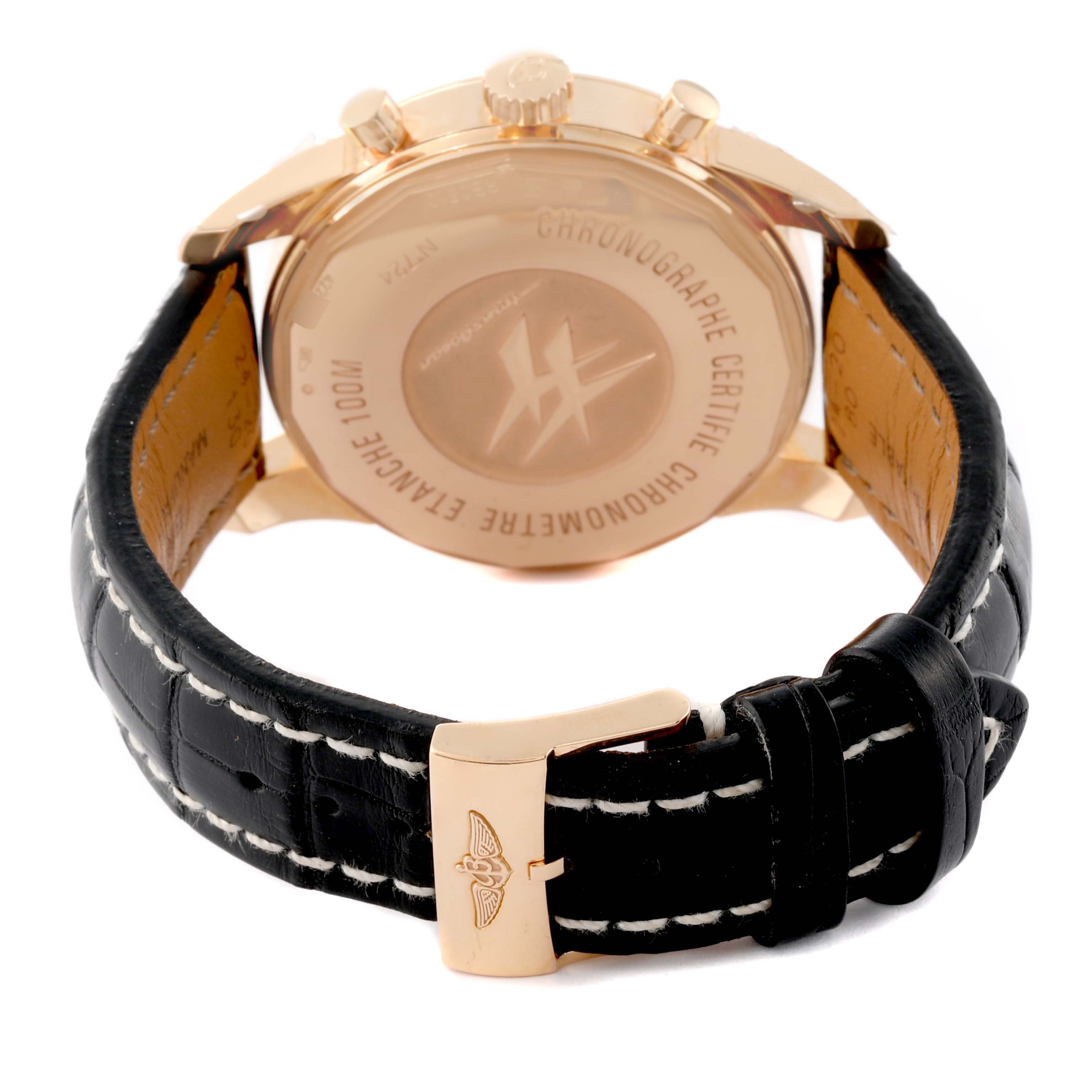 This image shows the back case and leather strap of the Breitling Transocean RB0510U4-BB63BKLD Men's Rose Gold Black Dial RB0510U4-BB63BKLD Men's Rose Gold Black Dial watch.