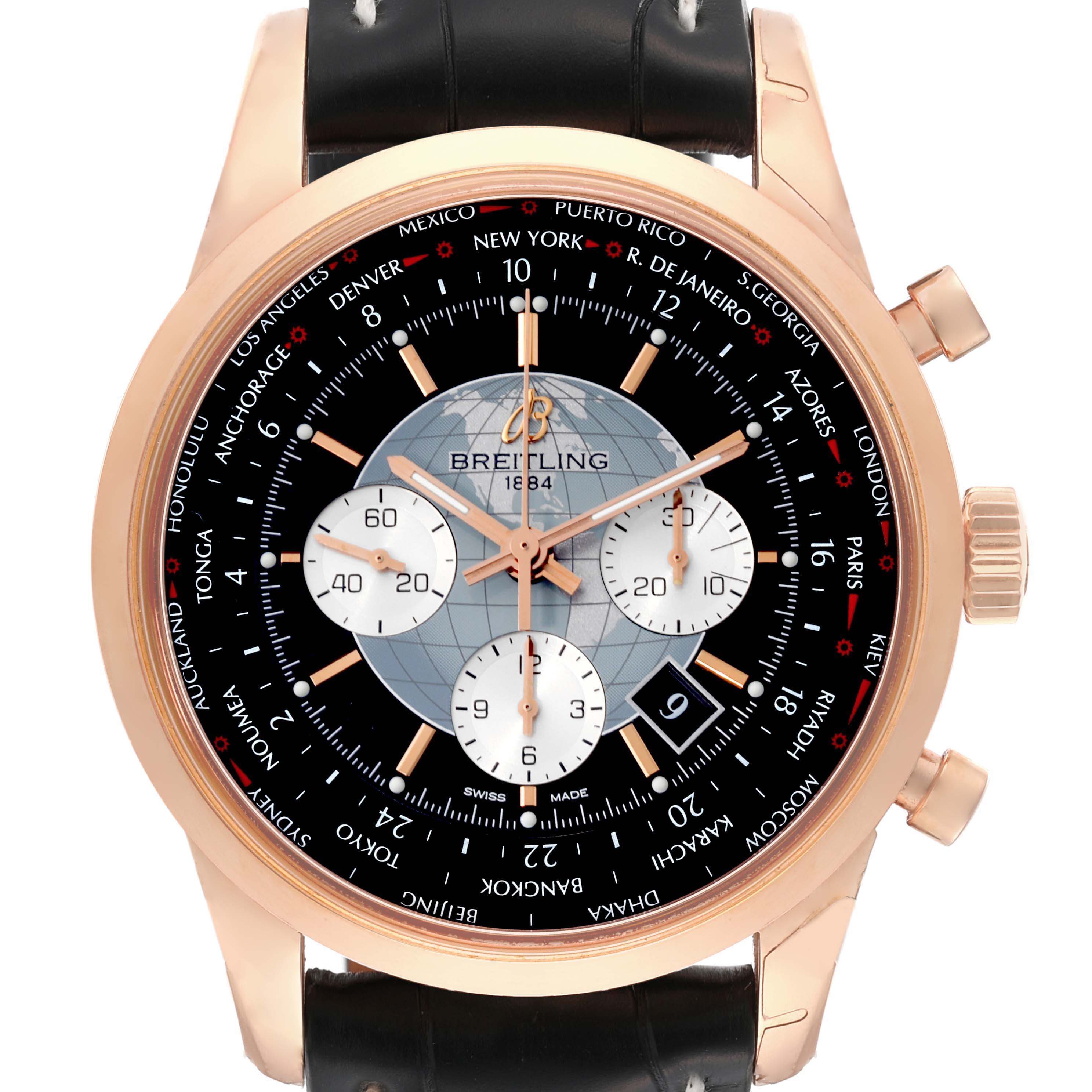 The image shows a Breitling Transocean RB0510U4-BB63BKLD Men's Rose Gold Black Dial RB0510U4-BB63BKLD Men's Rose Gold Black Dial watch from a front angle, displaying the dial, sub-dials, crown, and chronograph pushers.