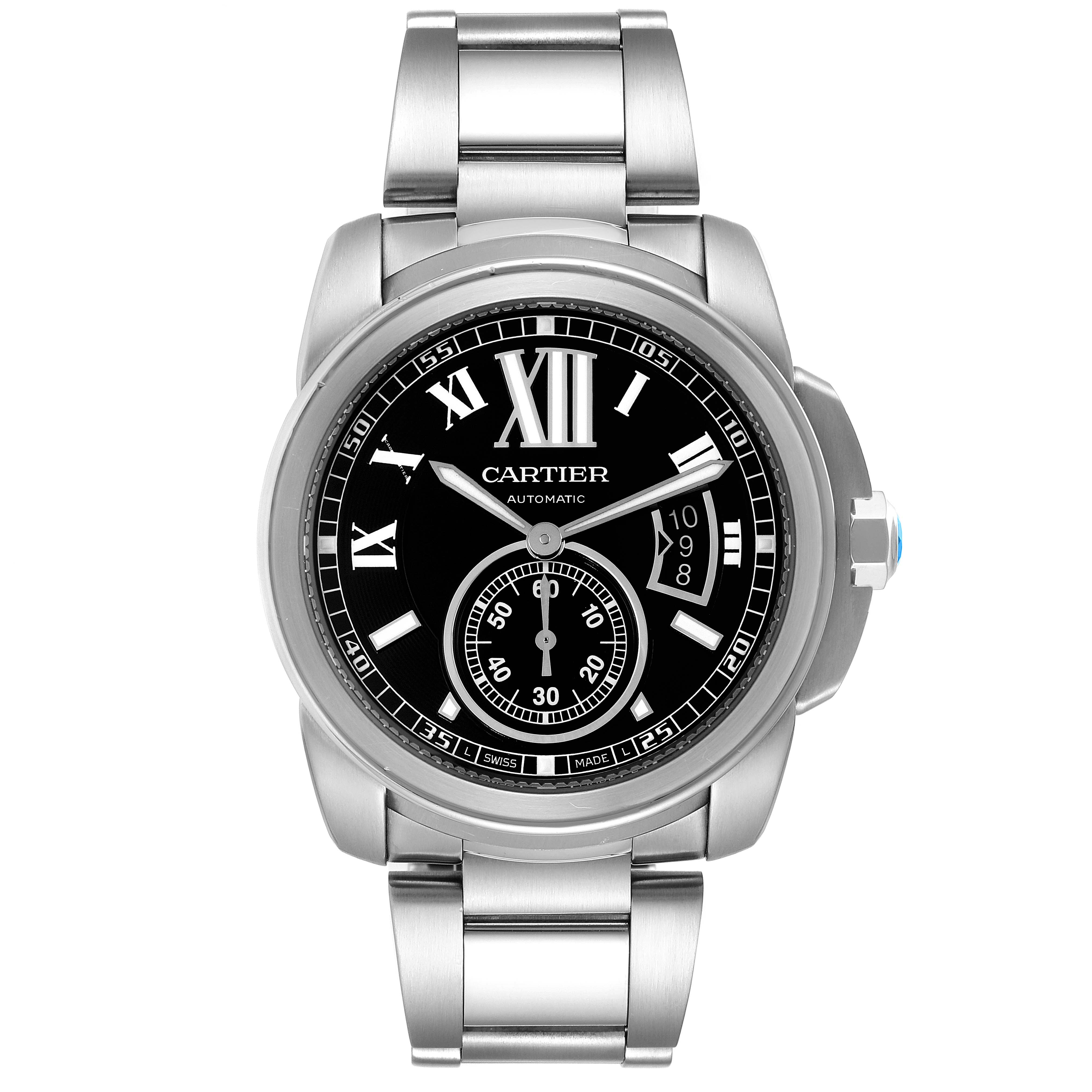 The image shows a front view of the Calibre de Cartier watch by Cartier, displaying the face, bezel, and bracelet.