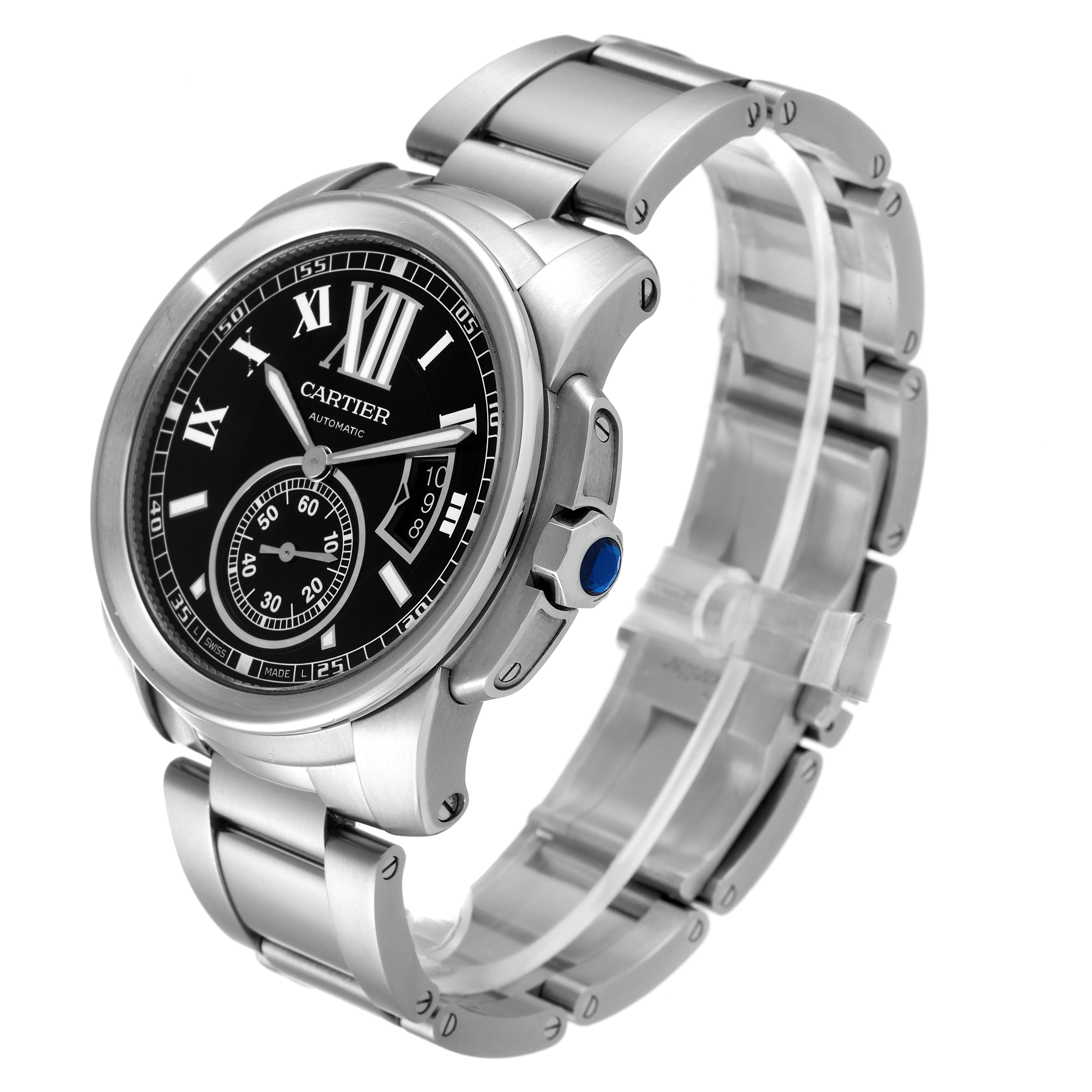 The Calibre de Cartier watch by Cartier is shown at a slight angle, displaying its face, bracelet, and bezel.