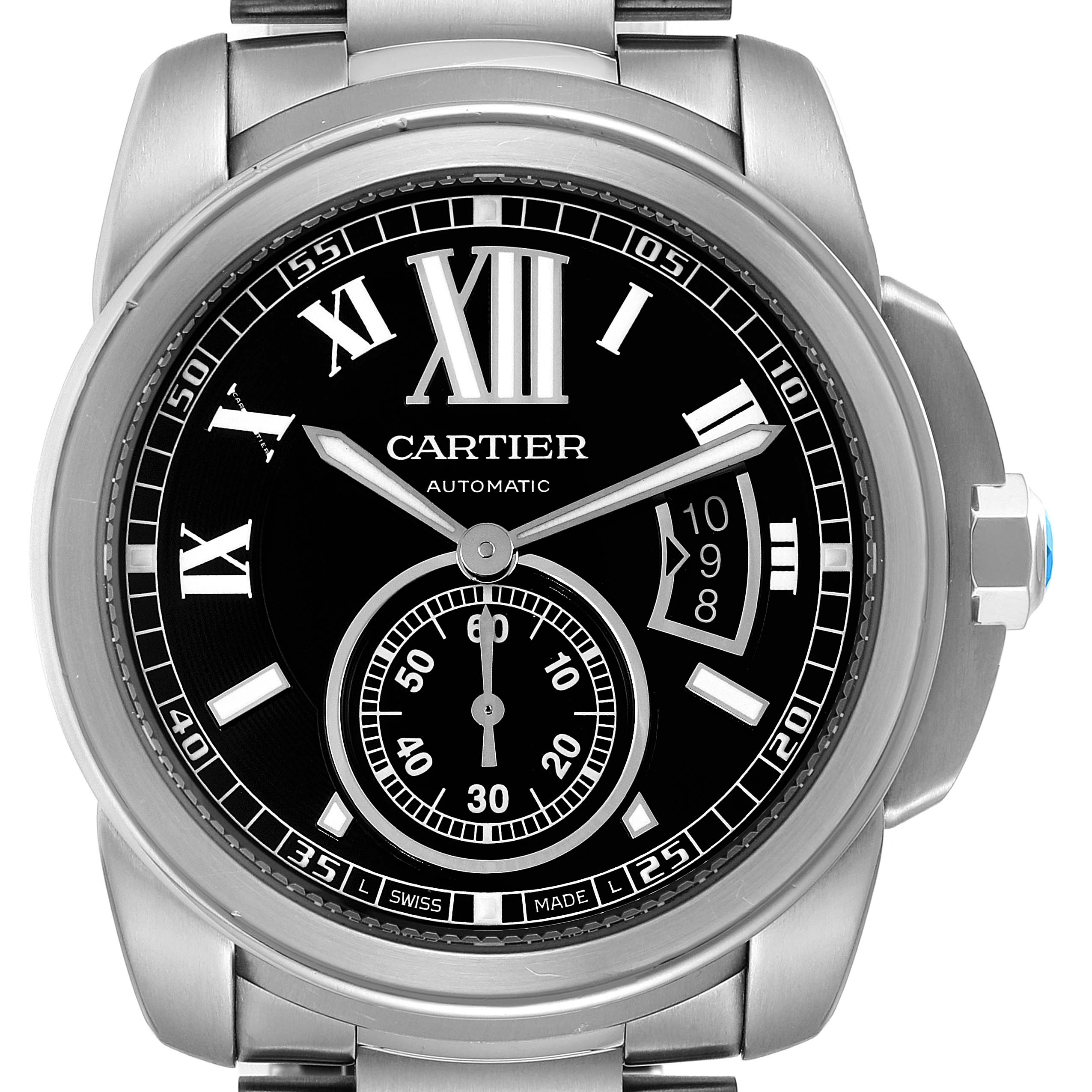 This image shows a front view of the Calibre de Cartier model by Cartier, displaying the dial and part of the bracelet.