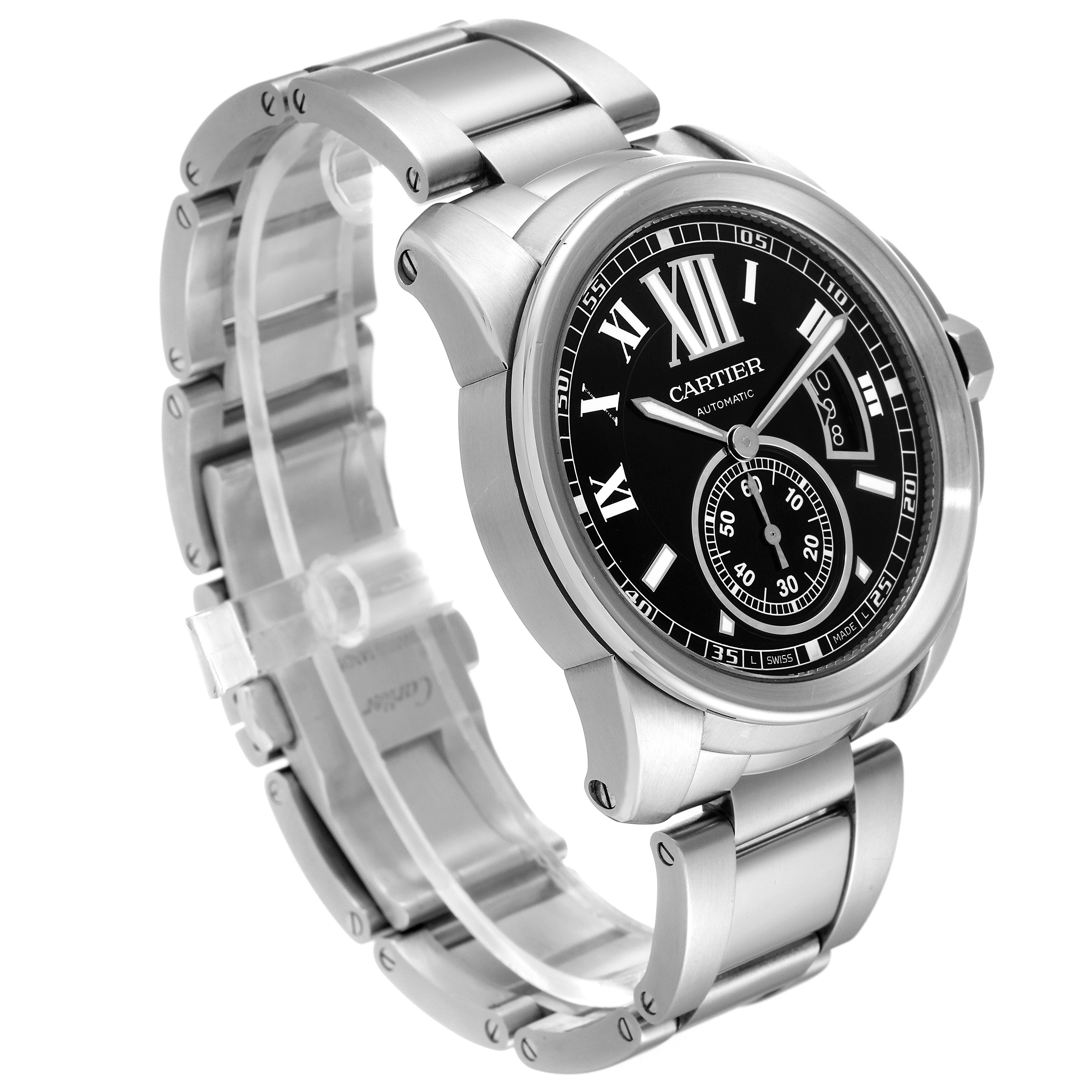The Calibre de Cartier by Cartier is shown at a slight angle displaying the watch face and metal bracelet.