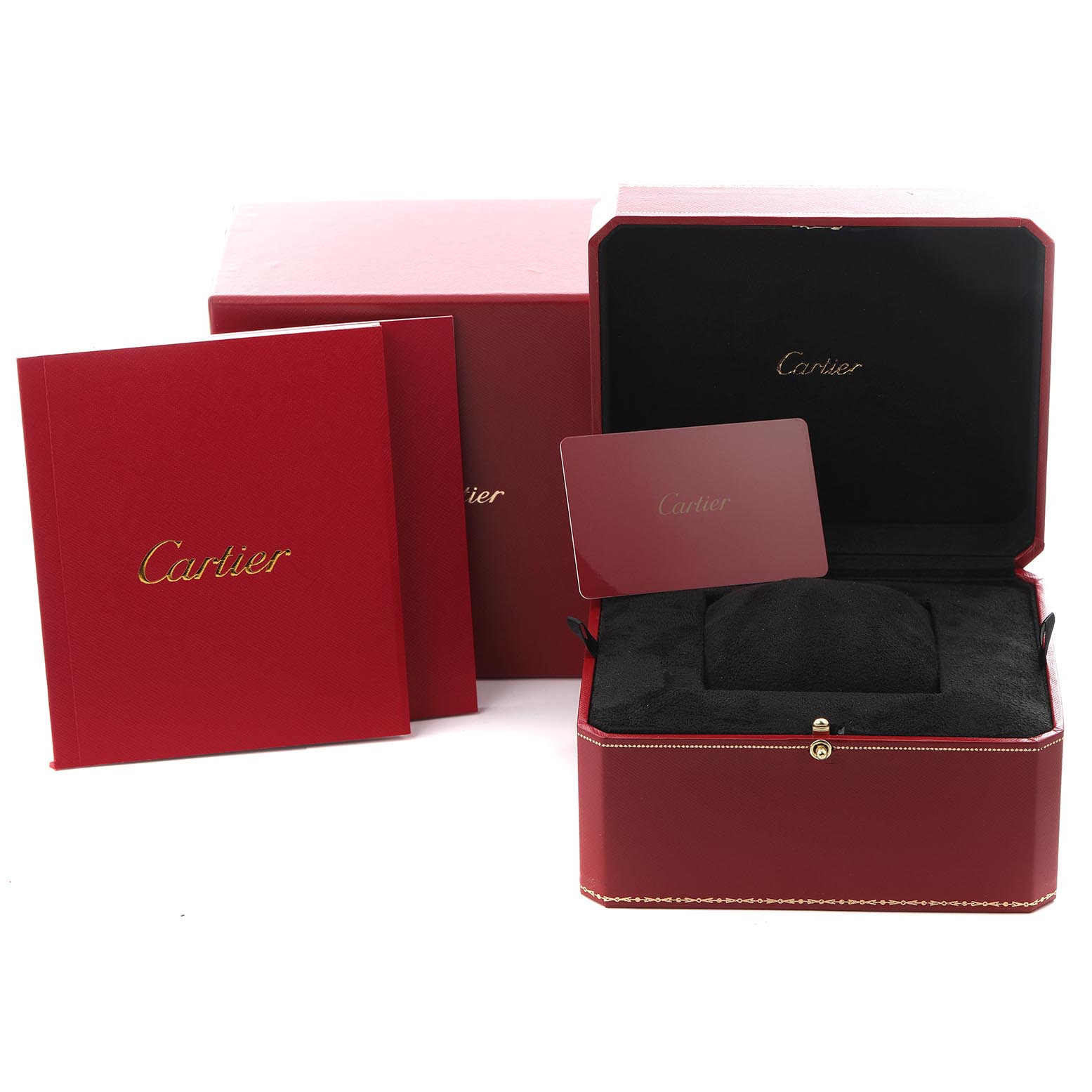 The image shows the red Cartier Ballon Bleu W3BB0006 Women
s Steel and Gold (two tone) Silver Dial W3BB0006 Women
s Steel and Gold (two tone) Silver Dial watch box with documentation and a card, all displayed at a front angle.