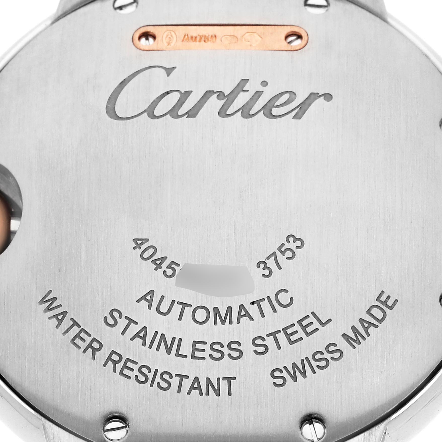 The image shows the back of a Ballon Bleu de Cartier watch, highlighting details like the brand logo and specifications.