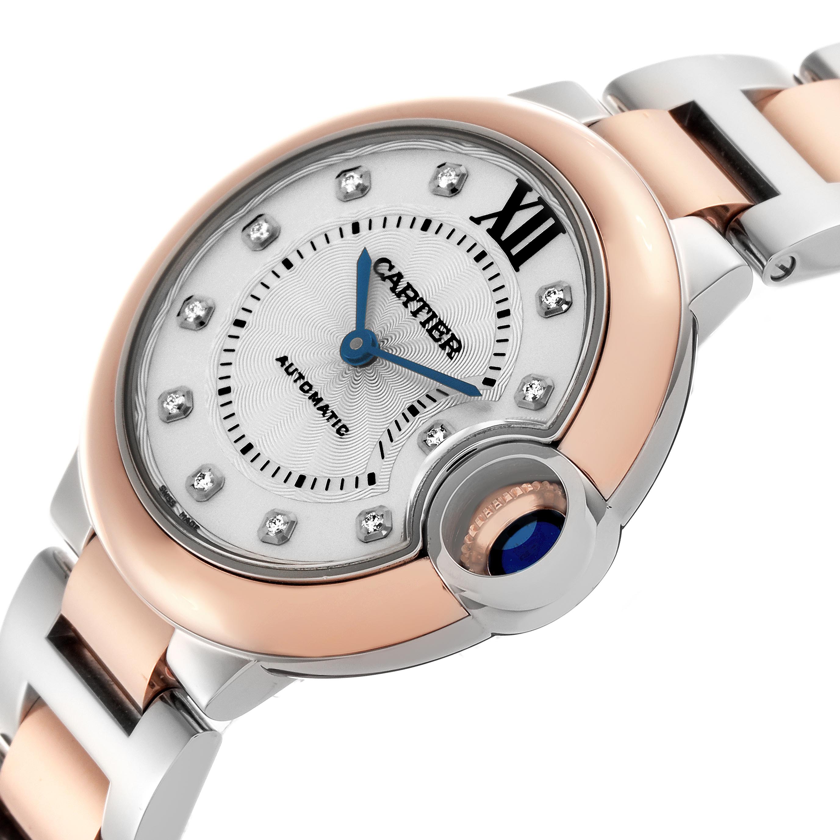 The Cartier Ballon Bleu W3BB0006 Women
s Steel and Gold (two tone) Silver Dial W3BB0006 Women
s Steel and Gold (two tone) Silver Dial watch is shown at an angled view, highlighting the dial, crown with blue cabochon, and part of the bracelet.