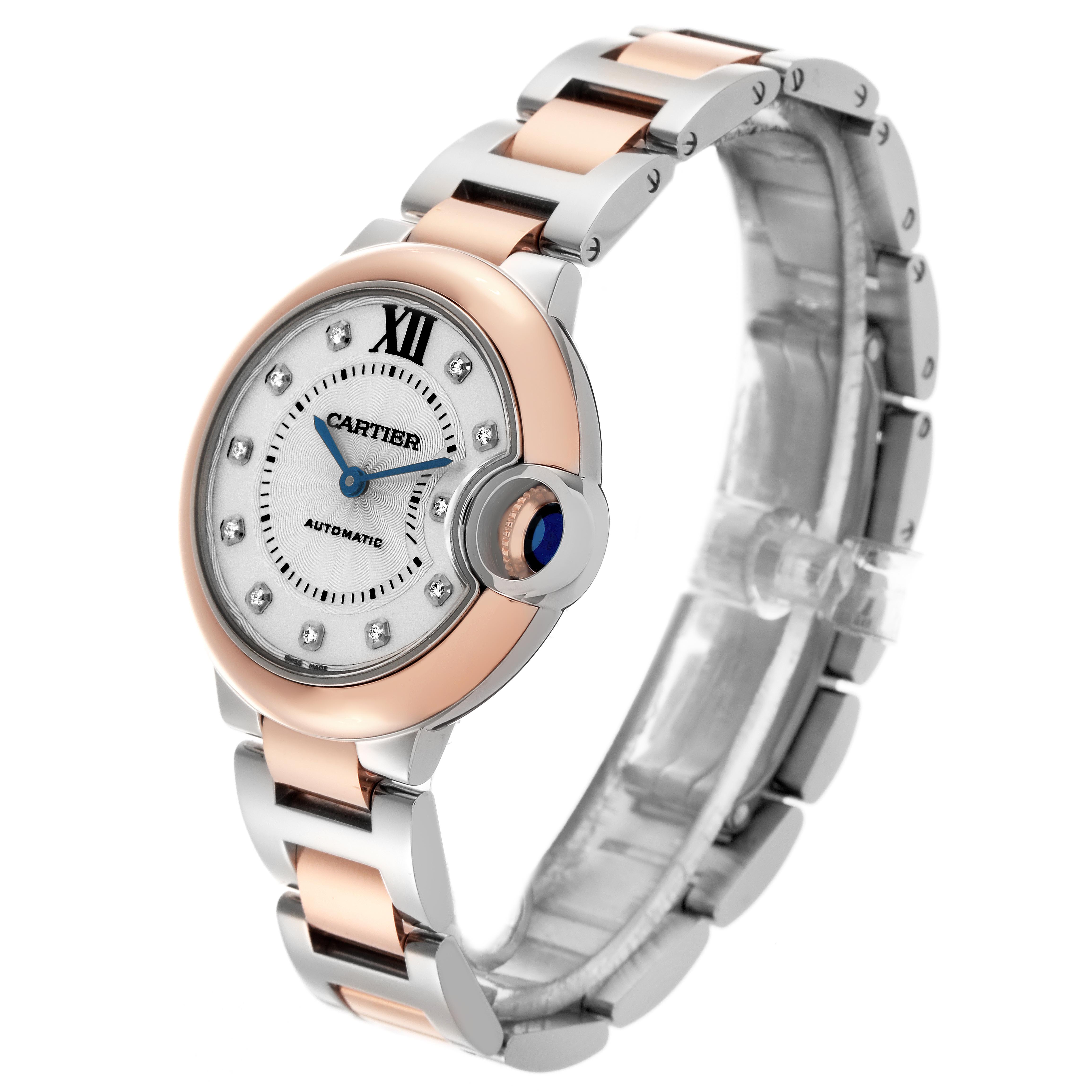 The Cartier Ballon Bleu W3BB0006 Women
s Steel and Gold (two tone) Silver Dial W3BB0006 Women
s Steel and Gold (two tone) Silver Dial watch is shown from a front-side angle, highlighting its dial, bezel, and bracelet.