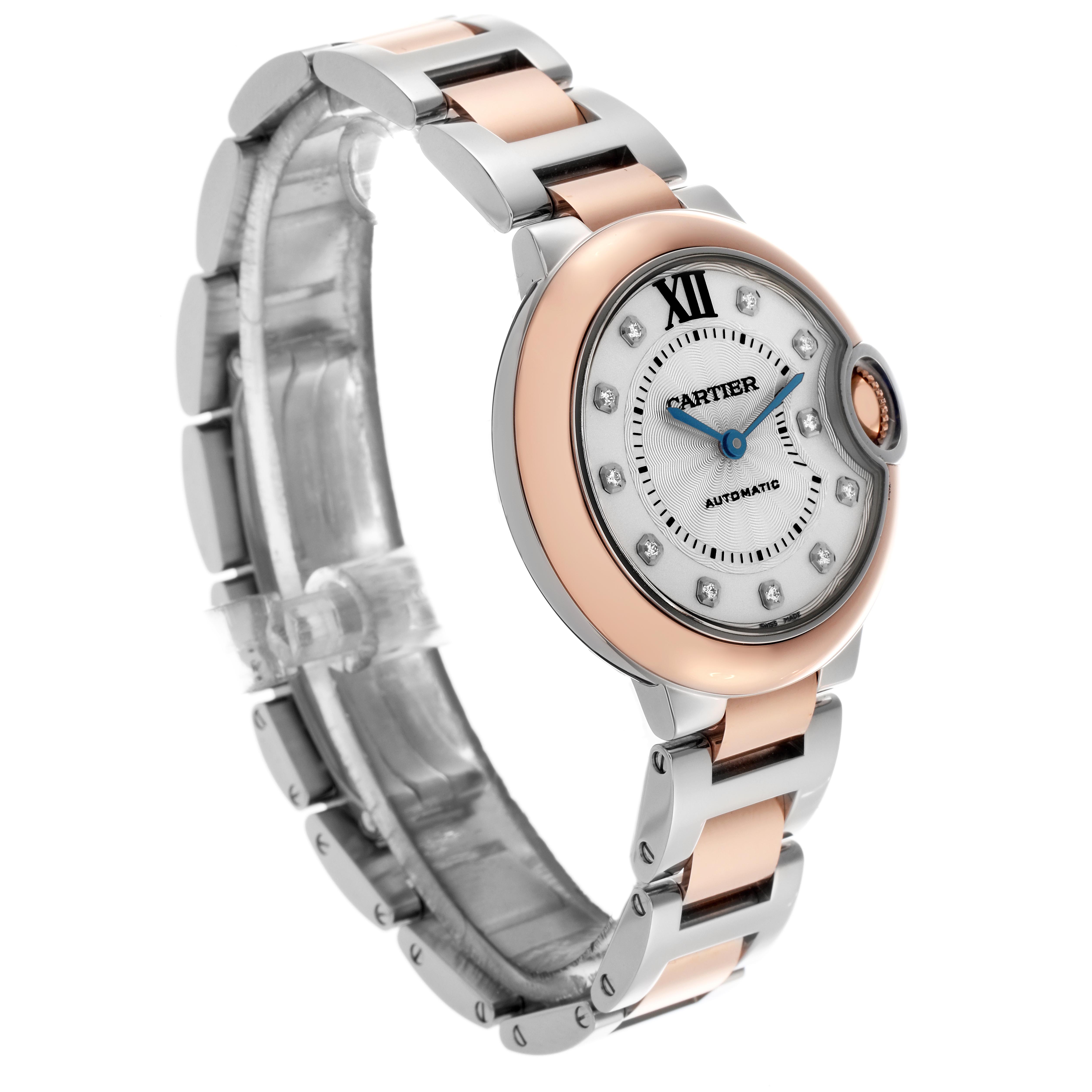 The Cartier Ballon Bleu W3BB0006 Women
s Steel and Gold (two tone) Silver Dial W3BB0006 Women
s Steel and Gold (two tone) Silver Dial watch is shown at a three-quarter angle, highlighting the dial, bezel, crown, and bracelet.