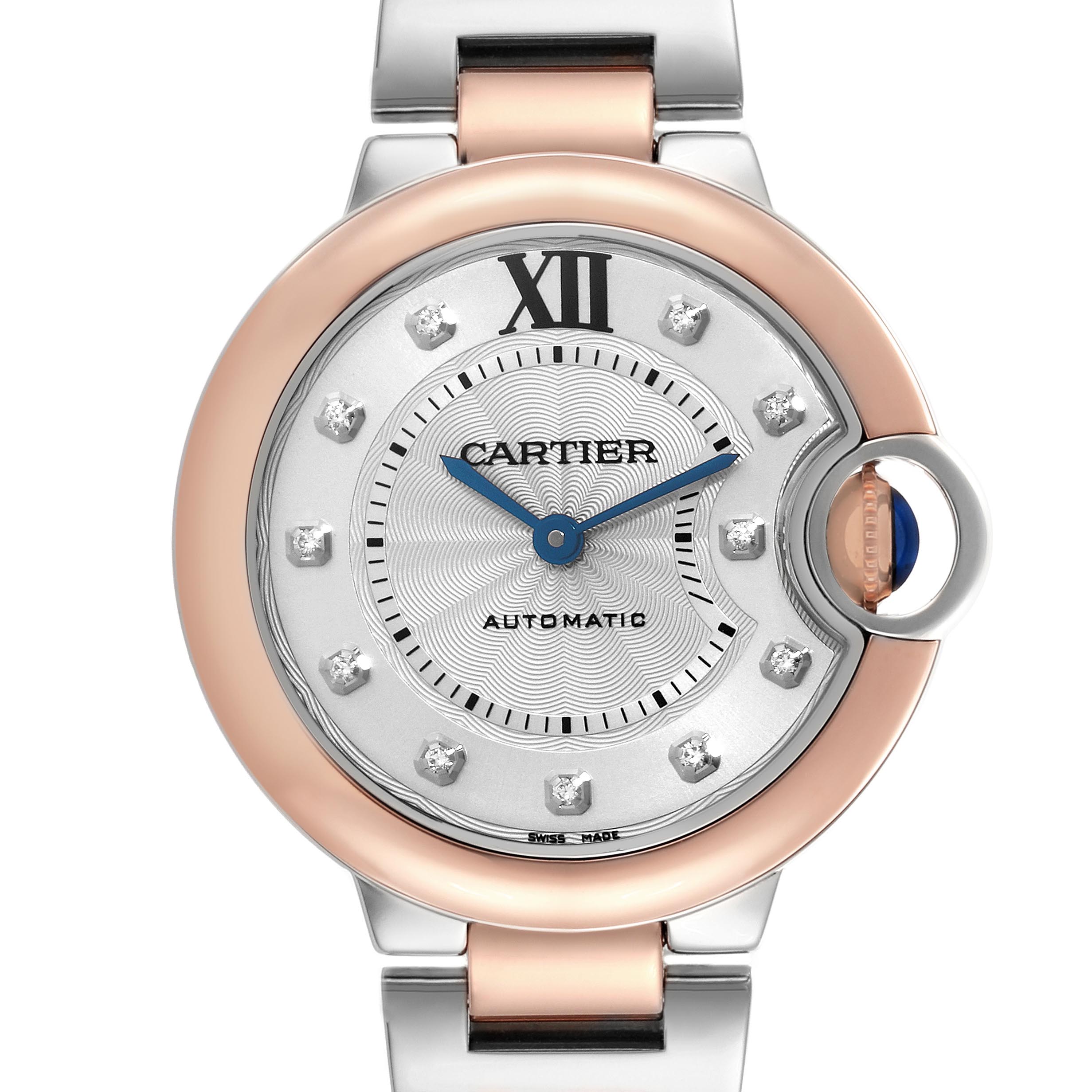 The image shows a Cartier Ballon Bleu W3BB0006 Women
s Steel and Gold (two tone) Silver Dial W3BB0006 Women
s Steel and Gold (two tone) Silver Dial watch face, highlighting the dial, crown, and part of the bracelet from a front angle.