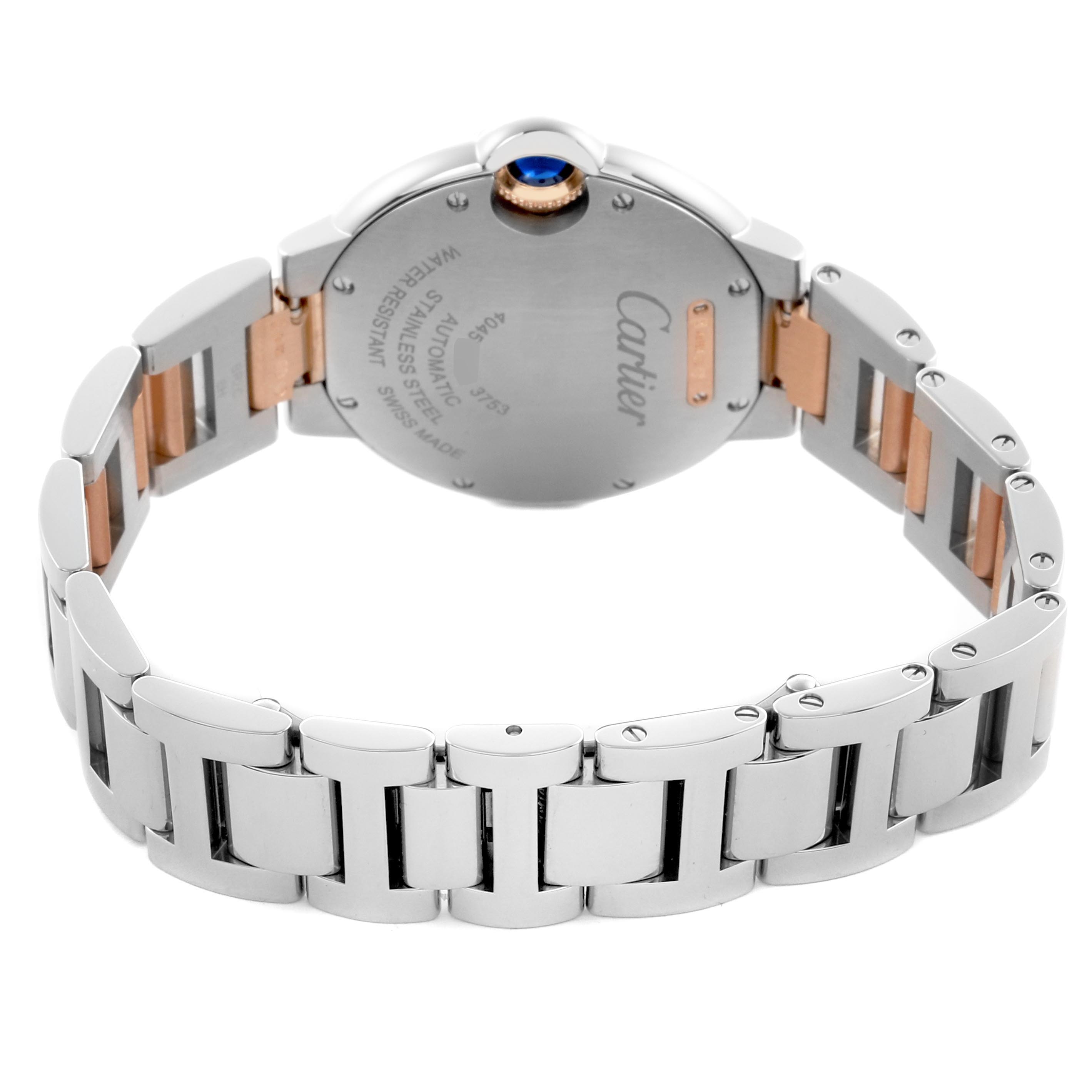 The image shows the back of a Cartier Ballon Bleu W3BB0006 Women
s Steel and Gold (two tone) Silver Dial W3BB0006 Women
s Steel and Gold (two tone) Silver Dial watch with its bracelet and caseback visible.