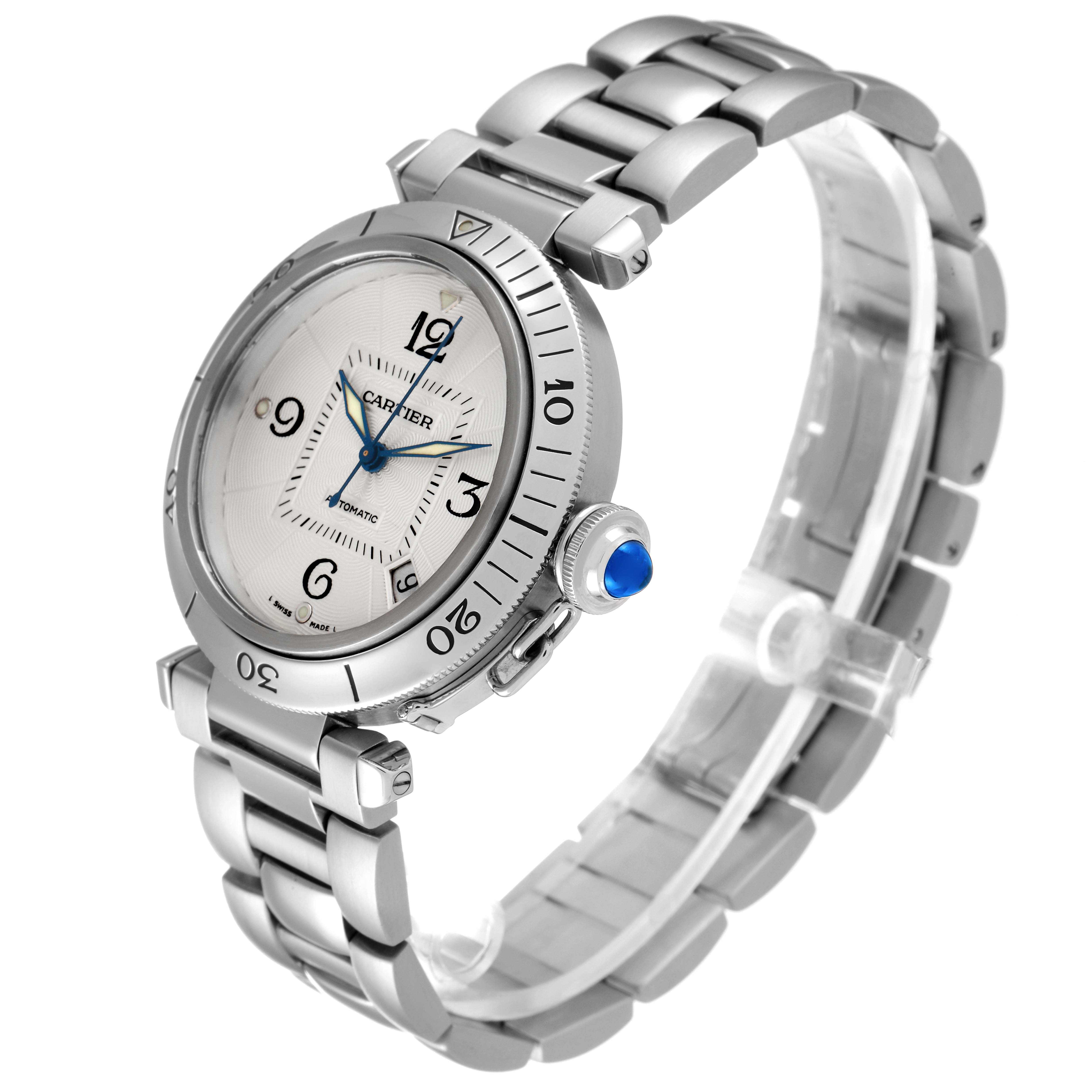 The image shows the front and side view of a Cartier Pasha W31040H3 Men
s Stainless Steel Silver Dial W31040H3 Men
s Stainless Steel Silver Dial watch, highlighting its face, bezel, crown, and bracelet.