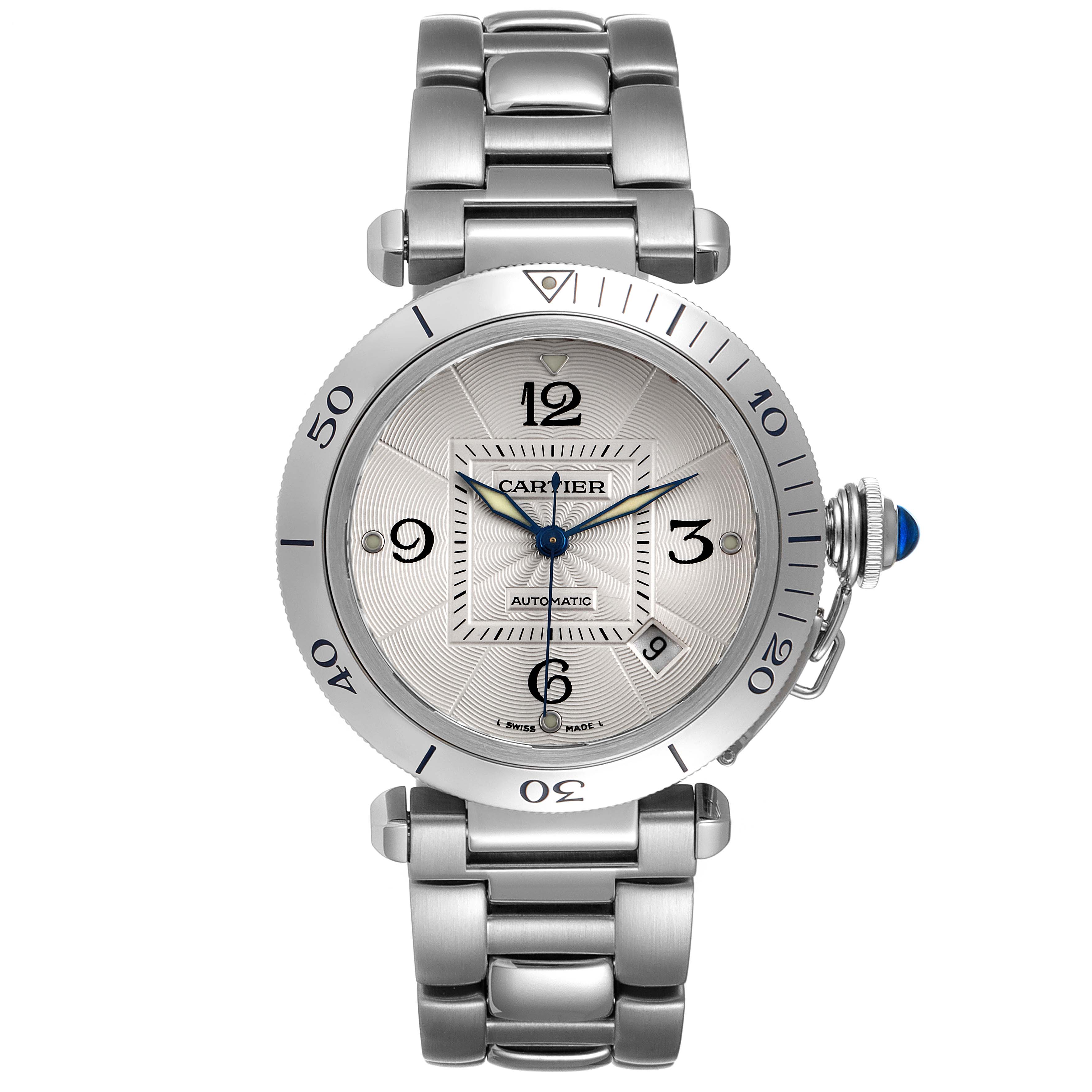 The Cartier Pasha W31040H3 Men
s Stainless Steel Silver Dial W31040H3 Men
s Stainless Steel Silver Dial watch is shown from a front angle, displaying the face, bezel, dial, and bracelet.