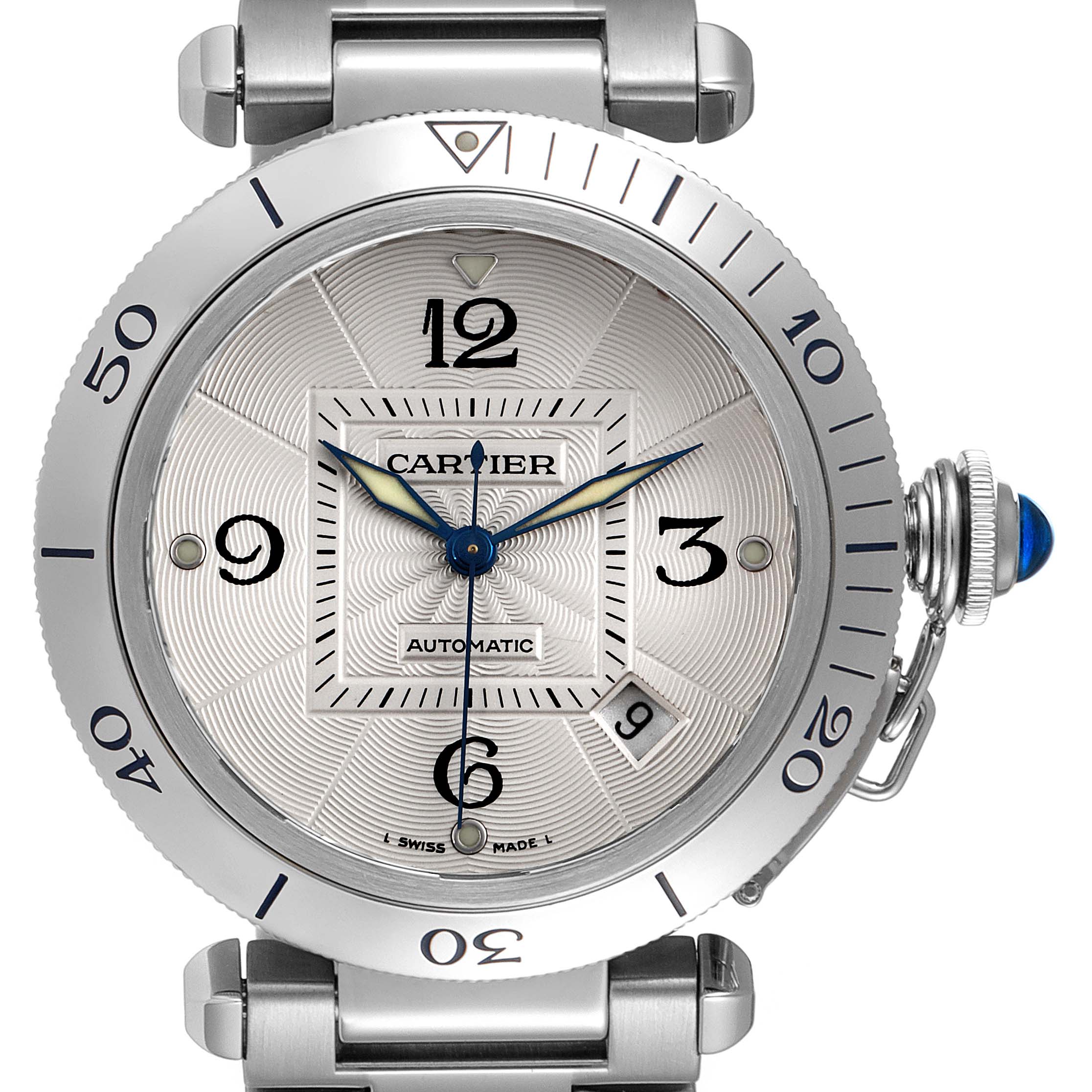 The image shows a front view of the Cartier Pasha W31040H3 Men
s Stainless Steel Silver Dial W31040H3 Men
s Stainless Steel Silver Dial watch, highlighting its dial, bezel, crown, and part of the bracelet.