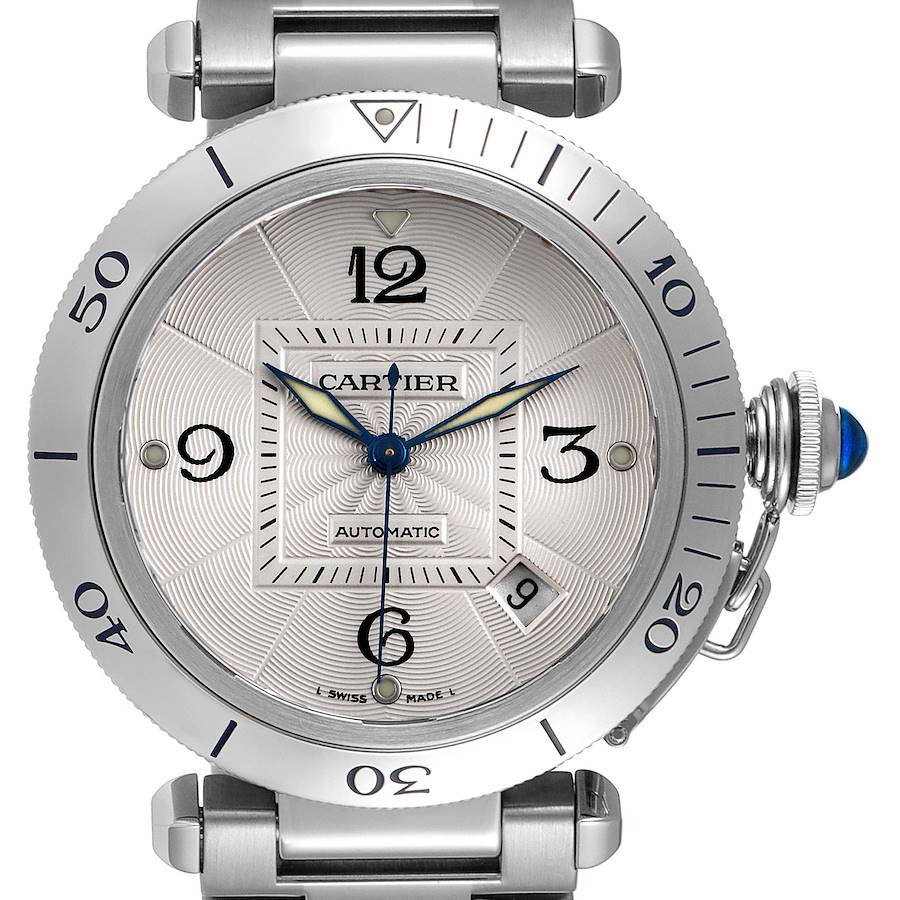 The image shows a front view of the Cartier Pasha watch, highlighting its dial, bezel, crown, and part of the bracelet.