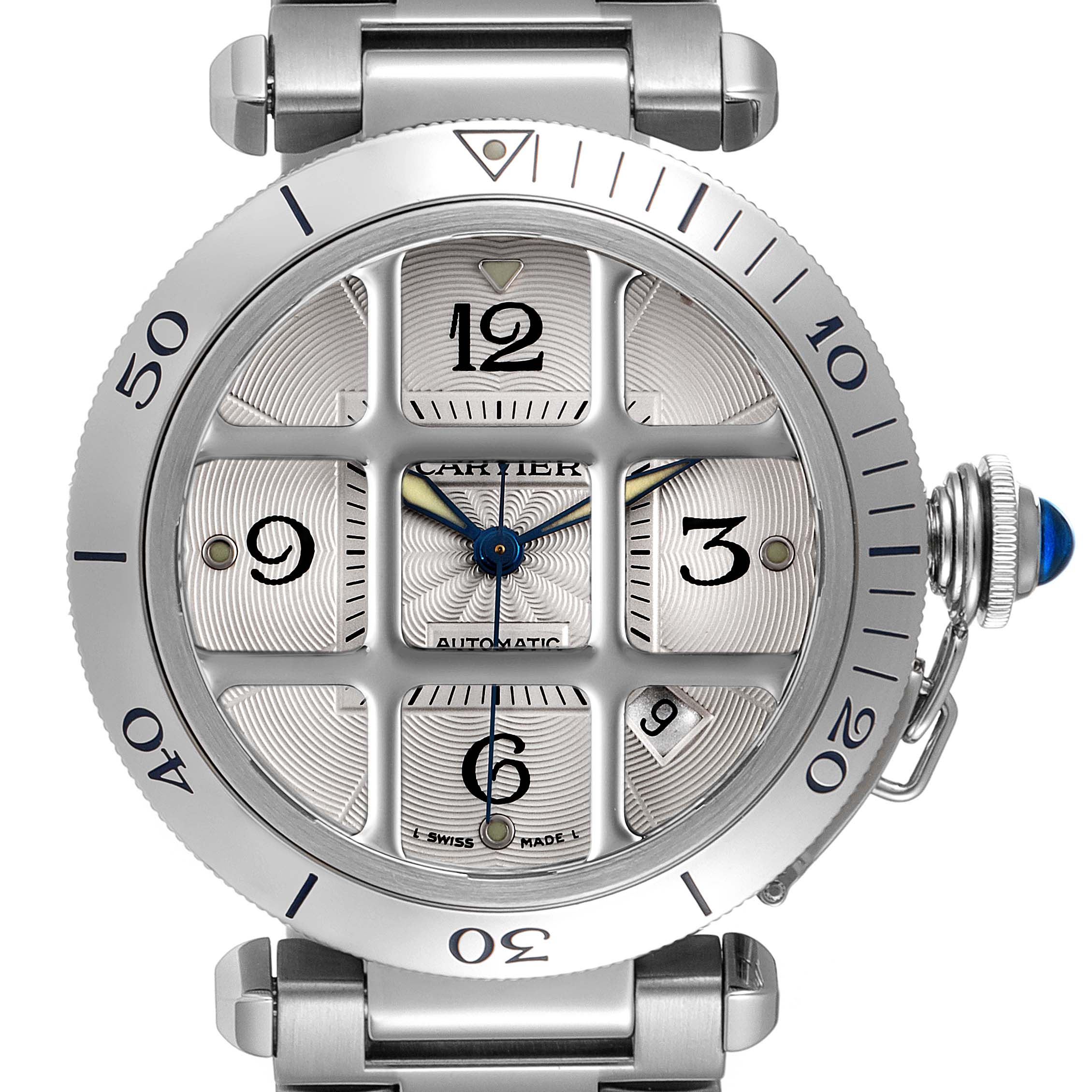 The image shows a close-up view of the Cartier Pasha W31040H3 Men
s Stainless Steel Silver Dial W31040H3 Men
s Stainless Steel Silver Dial watch face, featuring its unique grille design and detailing on the bezel.
