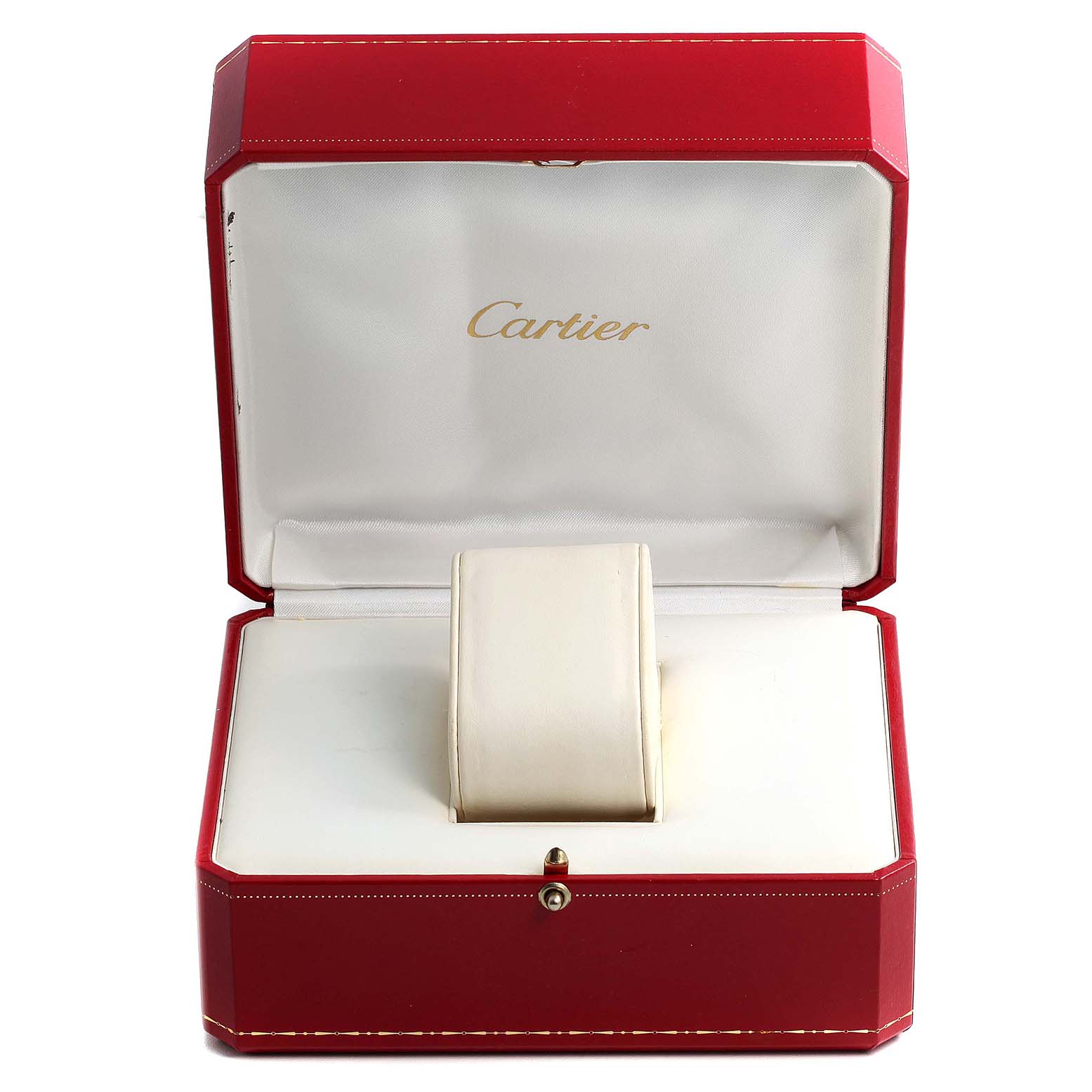 The image shows an open red Cartier box for the Pasha model watch, with a cushioned display inside.