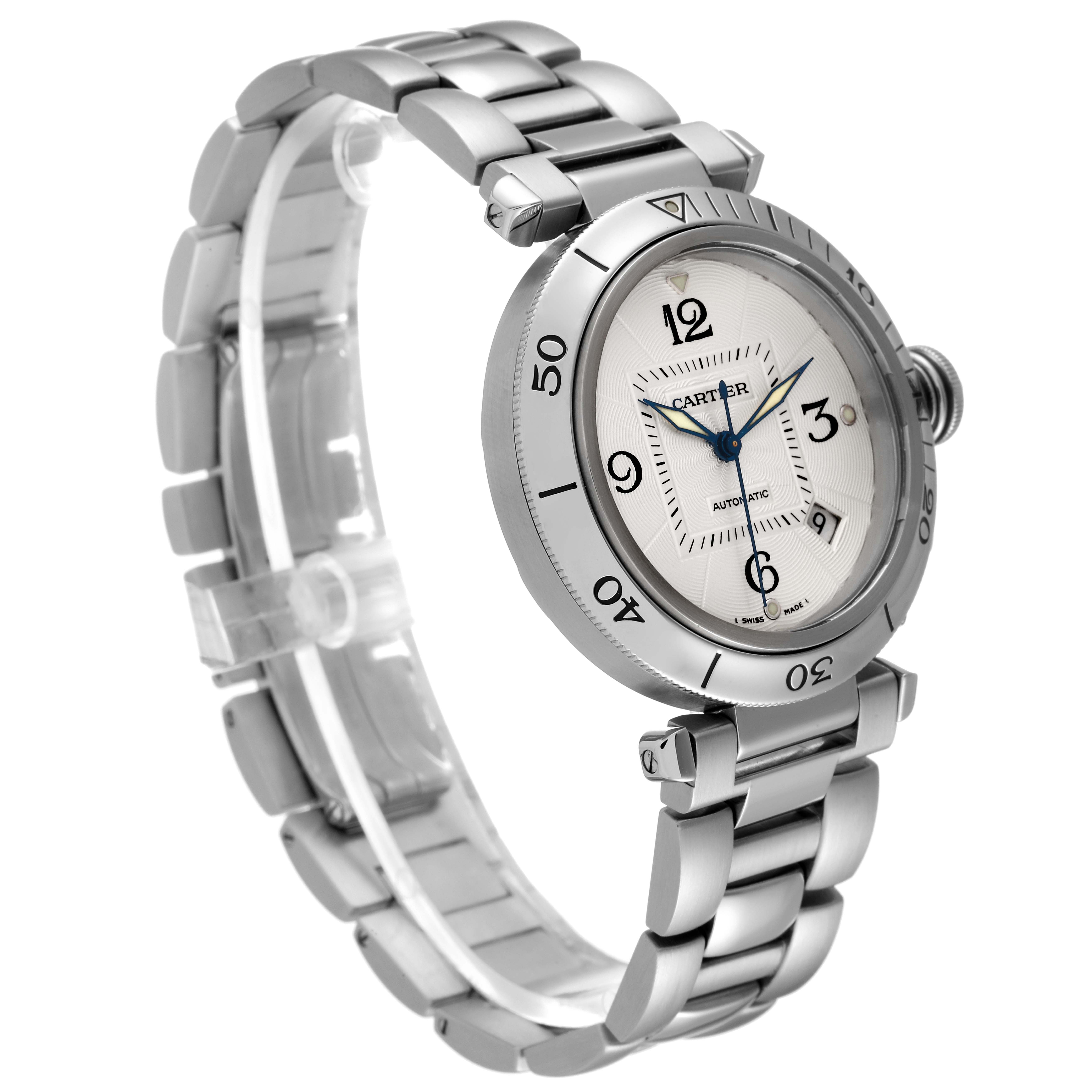 This image shows a side-angle view of the Cartier Pasha W31040H3 Men
s Stainless Steel Silver Dial W31040H3 Men
s Stainless Steel Silver Dial watch, displaying its face, bezel, crown, and metal bracelet.