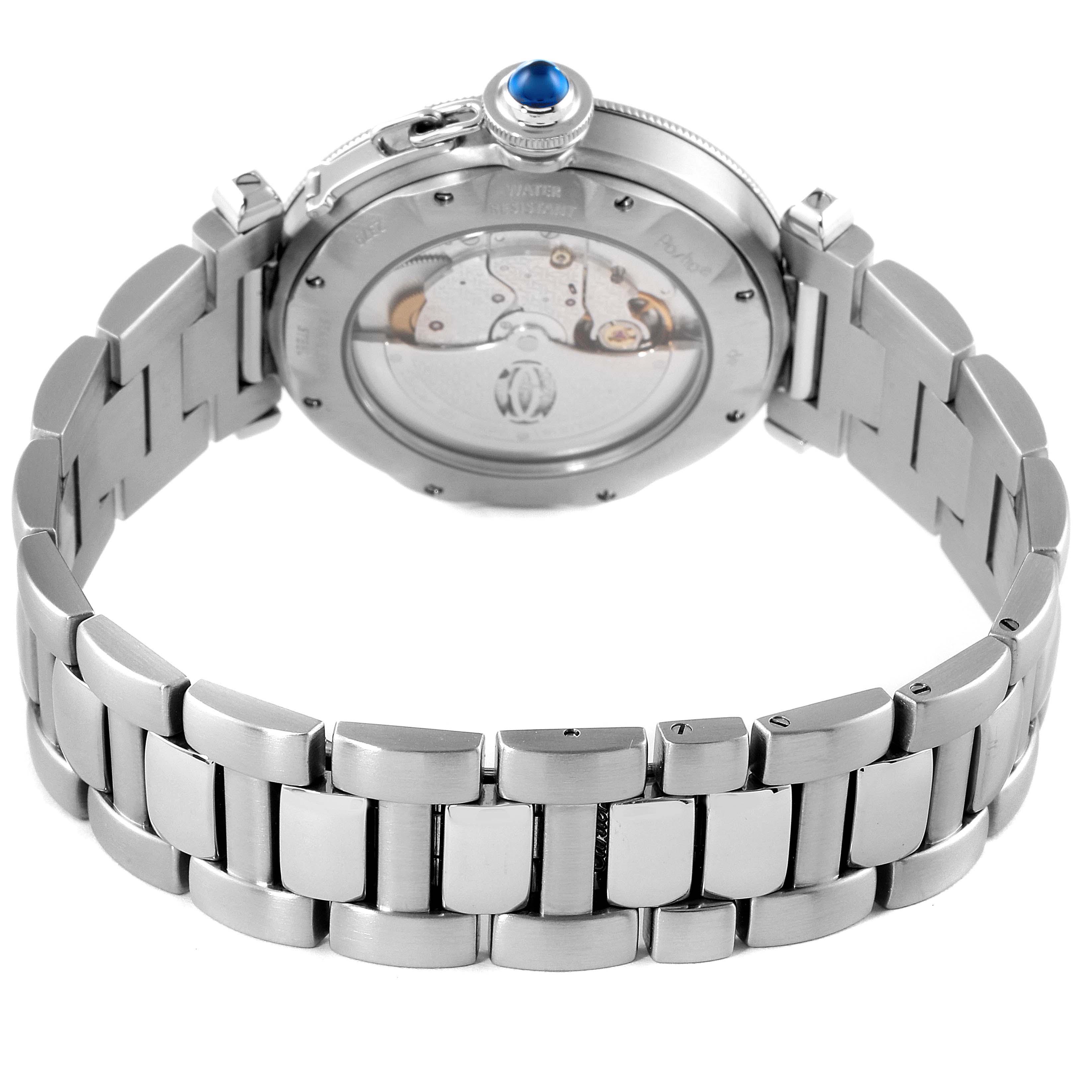 The image shows the back and bracelet of a Cartier Pasha W31040H3 Men
s Stainless Steel Silver Dial W31040H3 Men
s Stainless Steel Silver Dial model watch, highlighting its automatic movement and stainless steel links.
