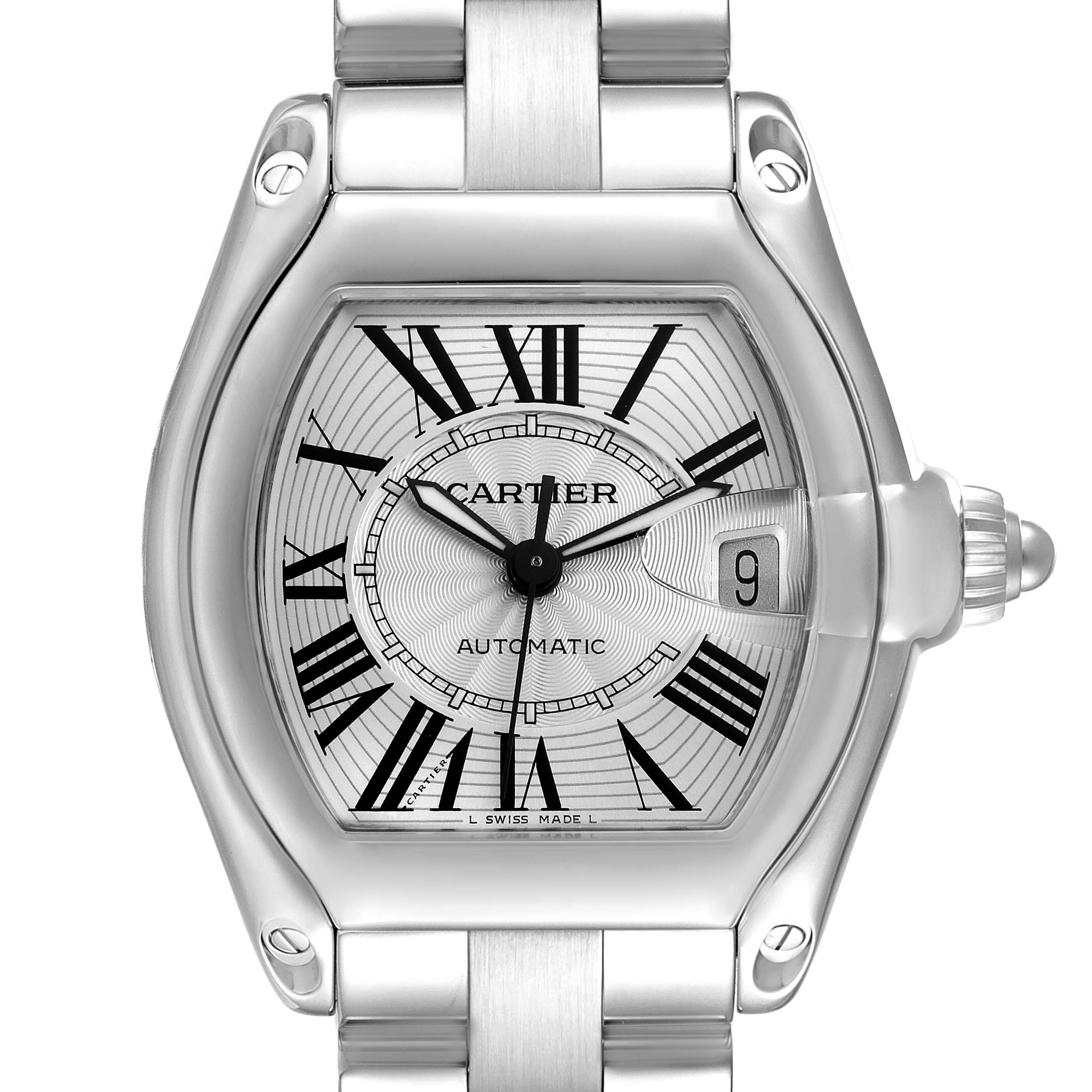 The image shows a front view of a Cartier Roadster W62025V3 Men
s Stainless Steel Silver Dial W62025V3 Men
s Stainless Steel Silver Dial watch, highlighting the face, bezel, and part of the metal bracelet.