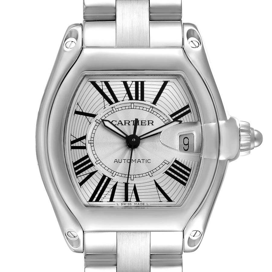 Cartier Roadster Large Silver Dial Steel Mens Watch W62025V3 Papers SwissWatchExpo