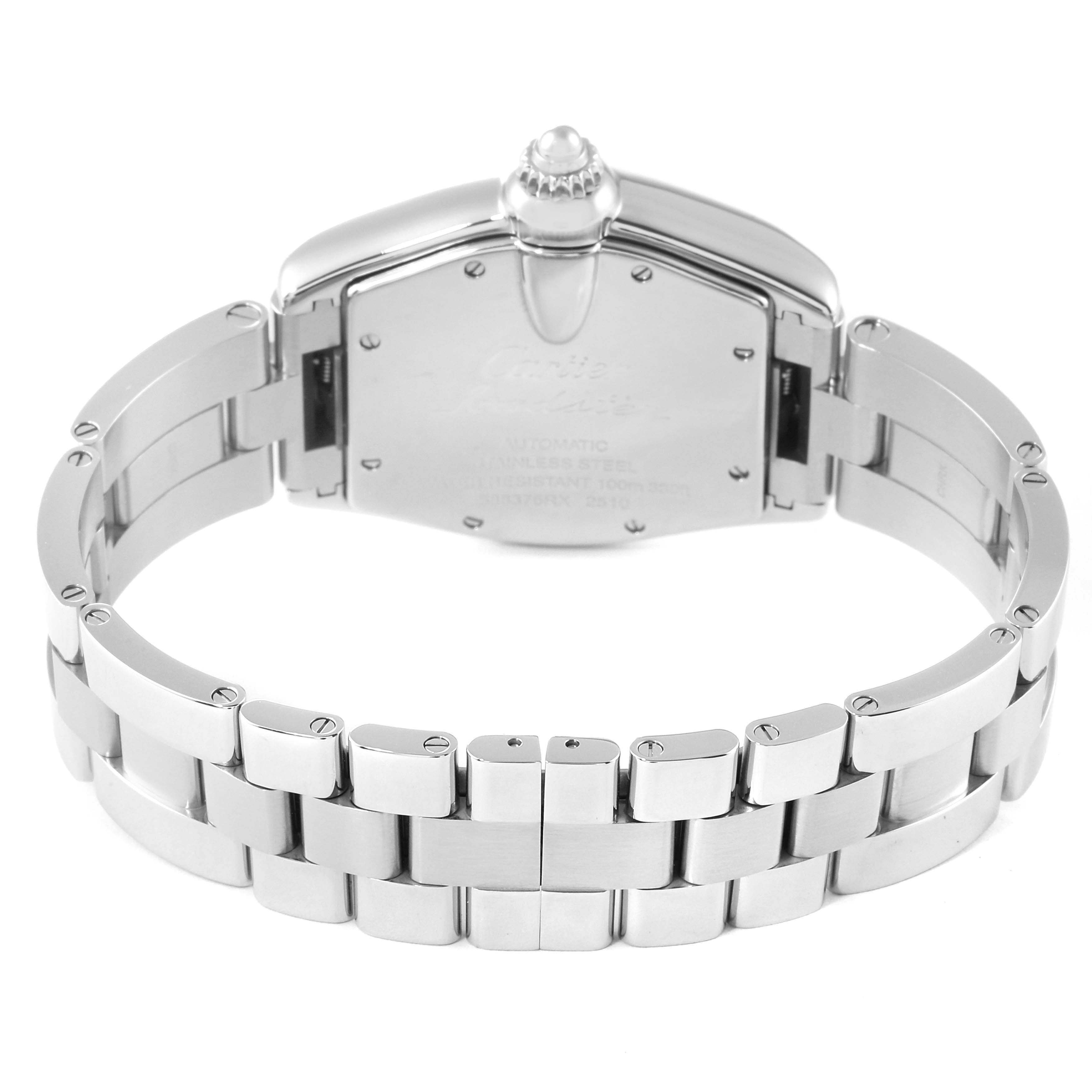 The image shows the back of a Cartier Roadster W62025V3 Men
s Stainless Steel Silver Dial W62025V3 Men
s Stainless Steel Silver Dial watch, highlighting its stainless steel case and bracelet.
