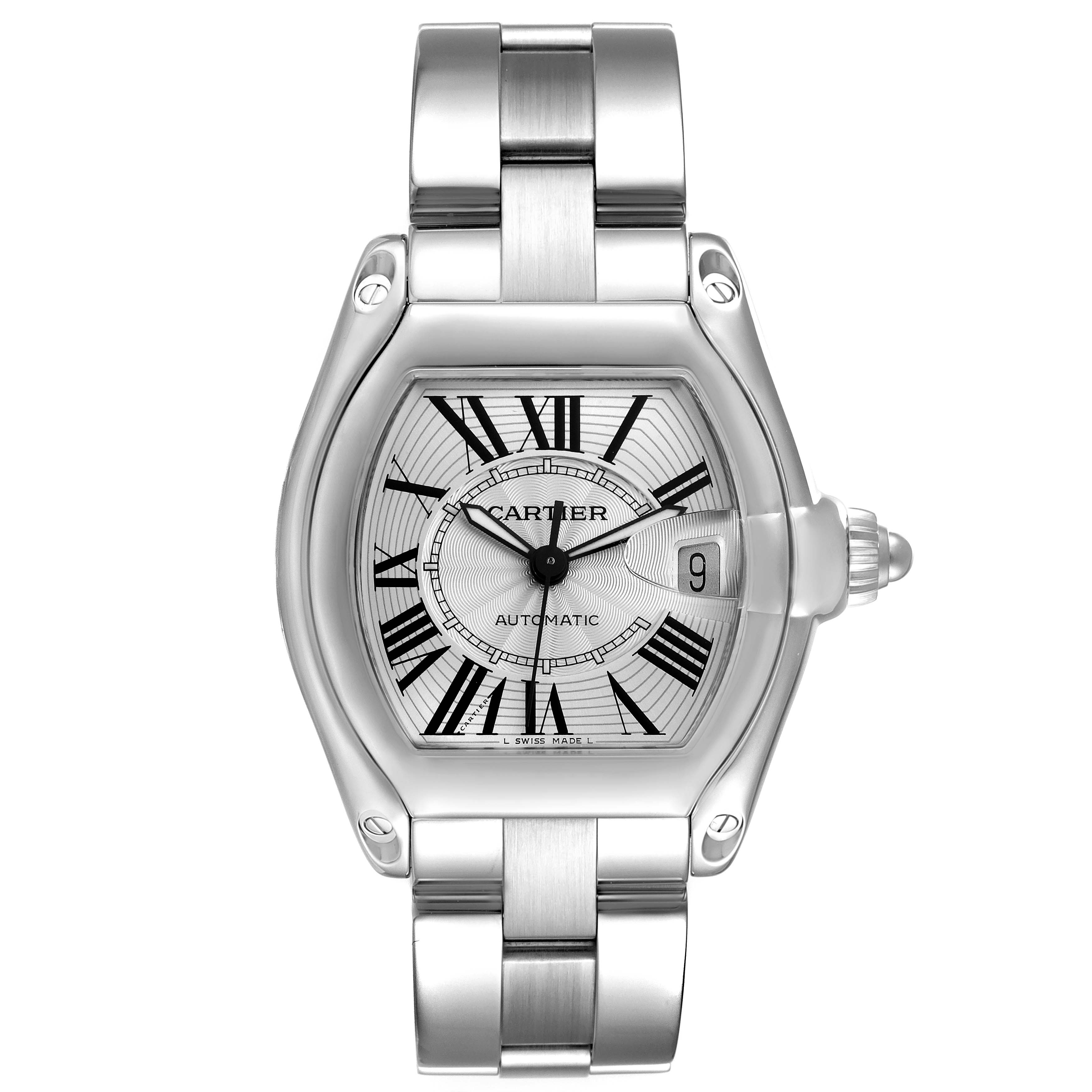 The image shows a front view of the Cartier Roadster W62025V3 Men
s Stainless Steel Silver Dial W62025V3 Men
s Stainless Steel Silver Dial watch, featuring the dial, bracelet, and date window.