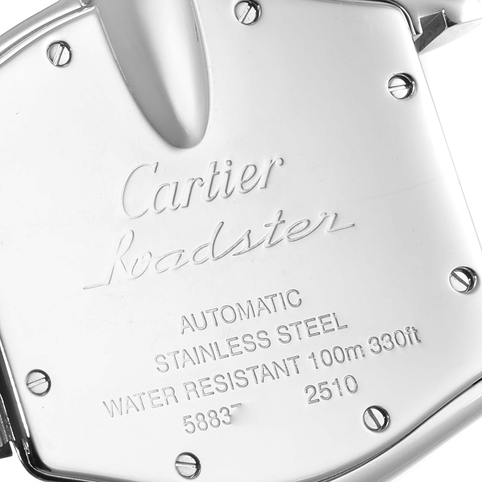 This image shows the back case of a Cartier Roadster W62025V3 Men
s Stainless Steel Silver Dial W62025V3 Men
s Stainless Steel Silver Dial watch, highlighting its details and engravings.