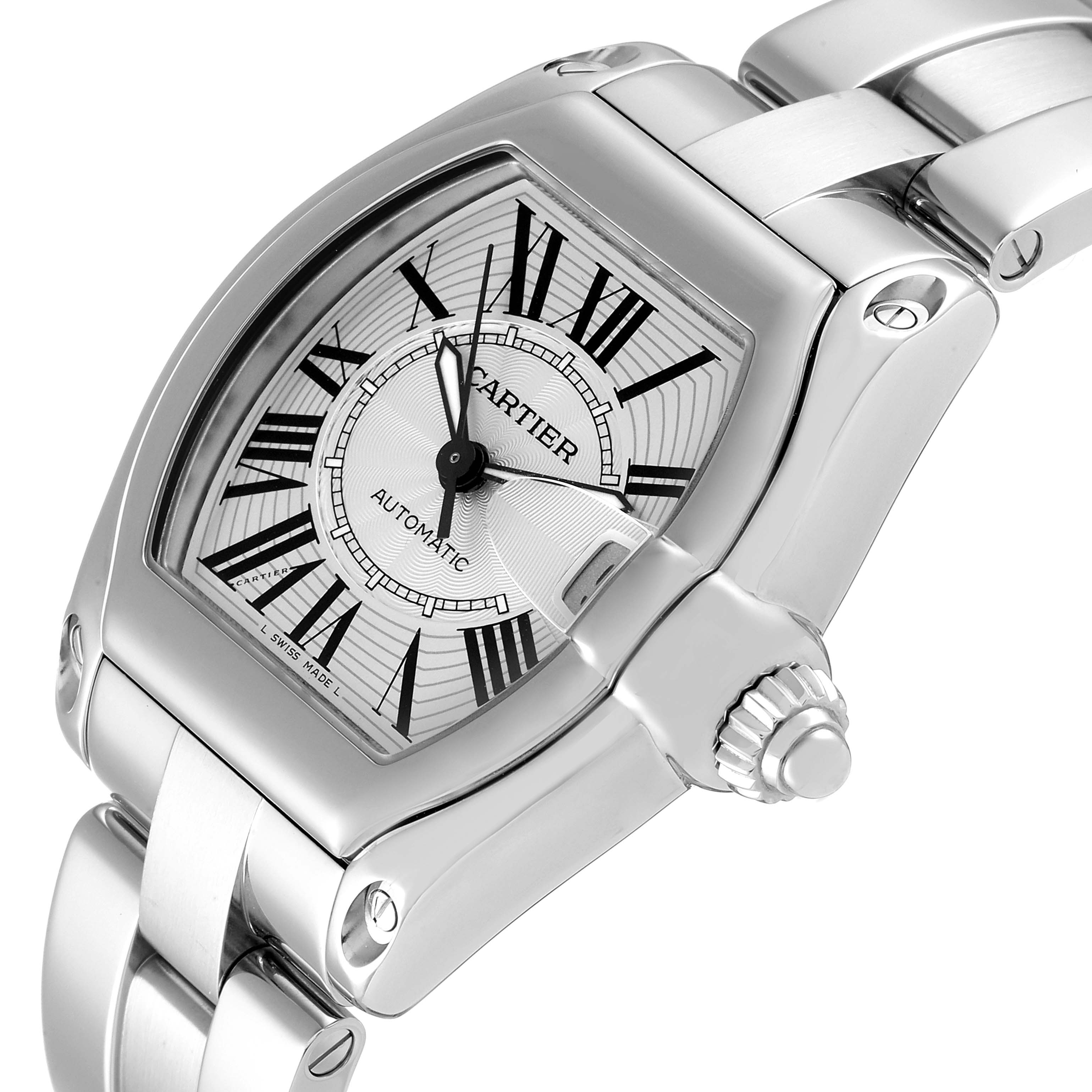 The image shows a close-up angle of the Cartier Roadster W62025V3 Men
s Stainless Steel Silver Dial W62025V3 Men
s Stainless Steel Silver Dial watch, highlighting its dial, crown, and part of the bracelet.