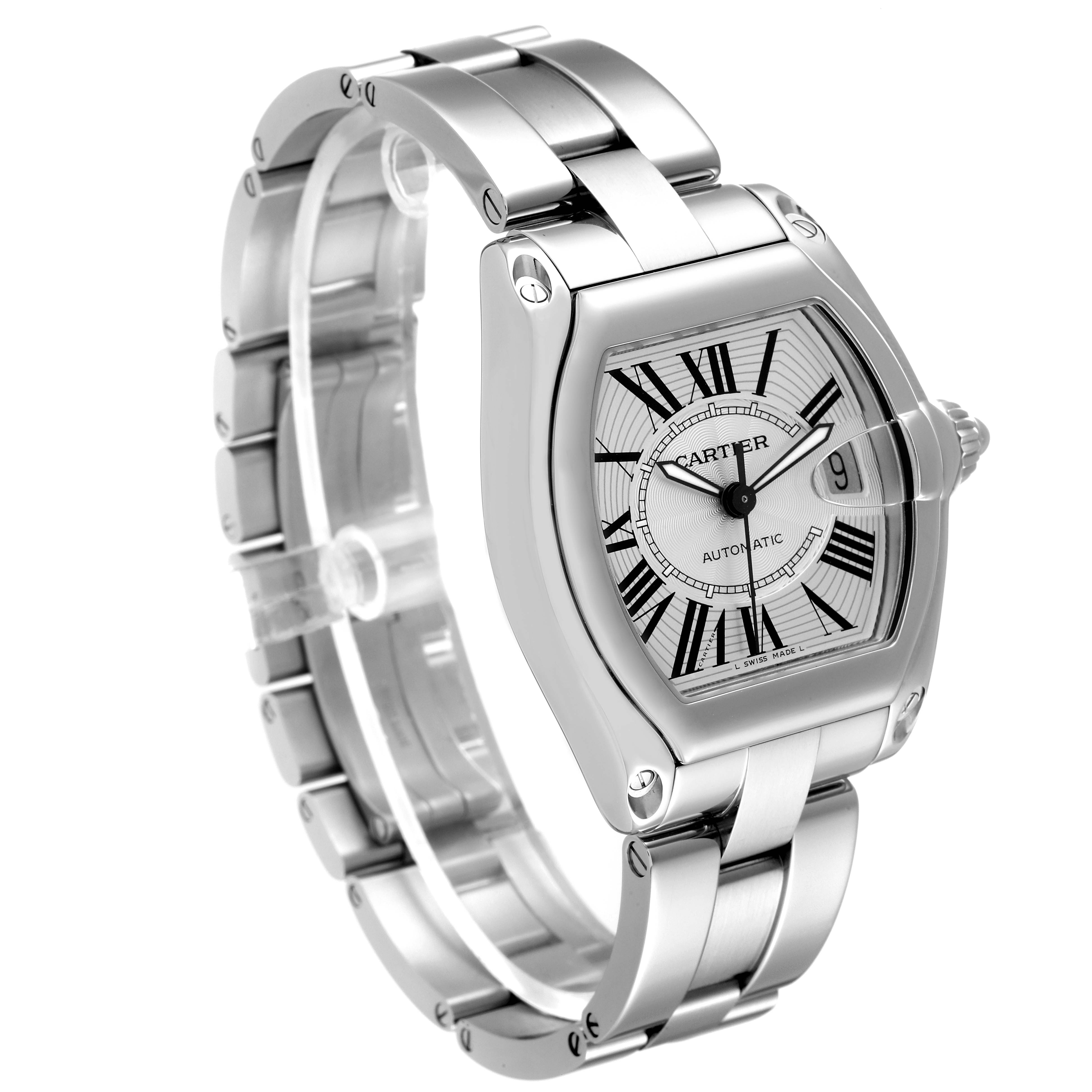 The Roadster model by Cartier is shown at an angled perspective highlighting the face, bezel, and stainless steel bracelet.