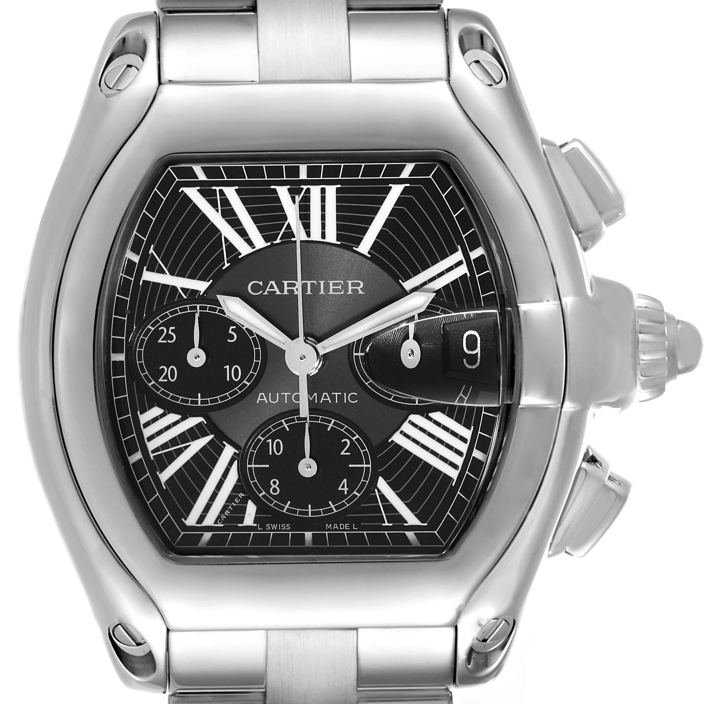 The image shows a front view of the Cartier Roadster W62020X6 Men's Stainless Steel Black Dial W62020X6 Men's Stainless Steel Black Dial watch, highlighting the dial, hands, subdials, date window, and part of the strap.