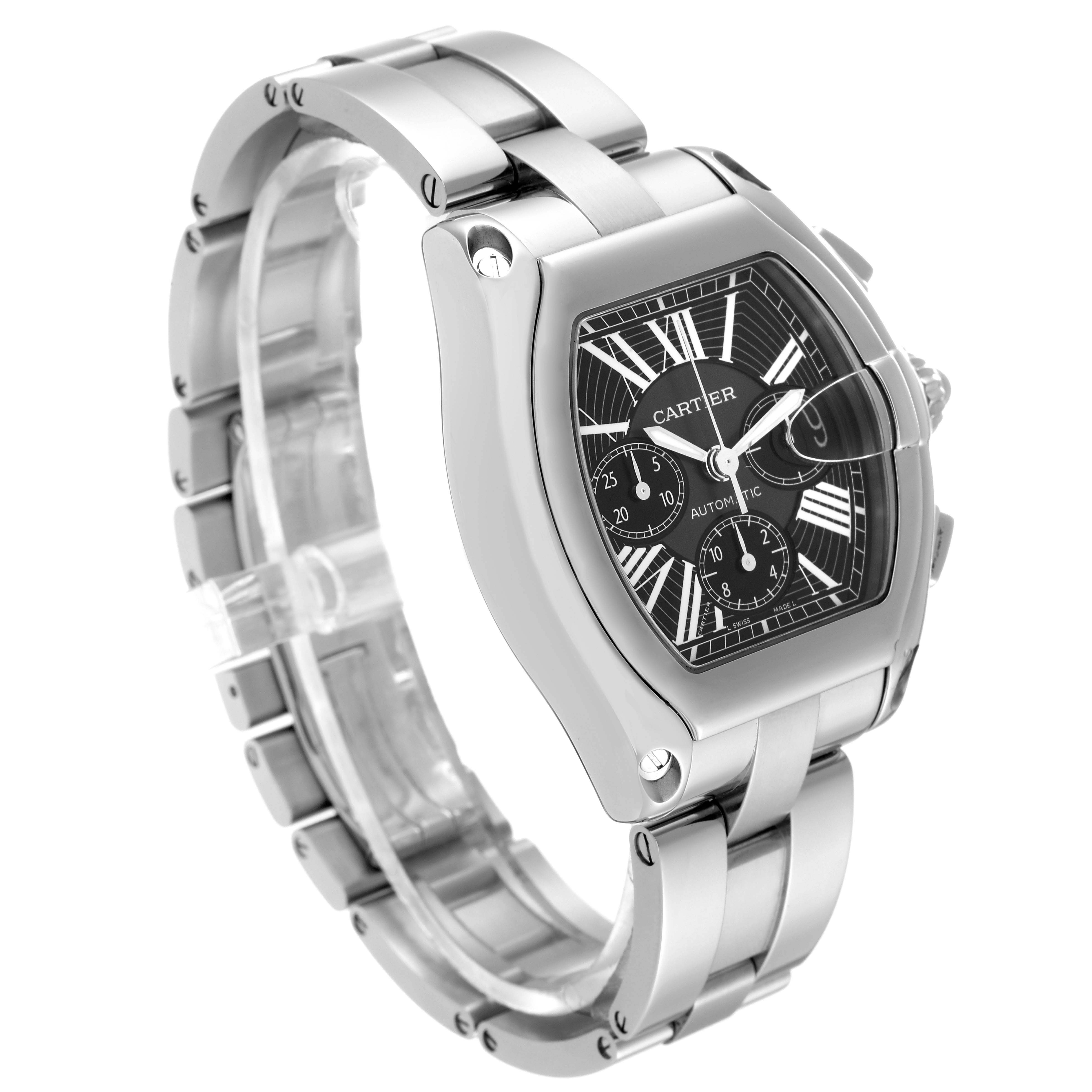 This Cartier Roadster W62020X6 Men's Stainless Steel Black Dial W62020X6 Men's Stainless Steel Black Dial watch is angled from the front-left, showing the face, dial, and part of the bracelet.
