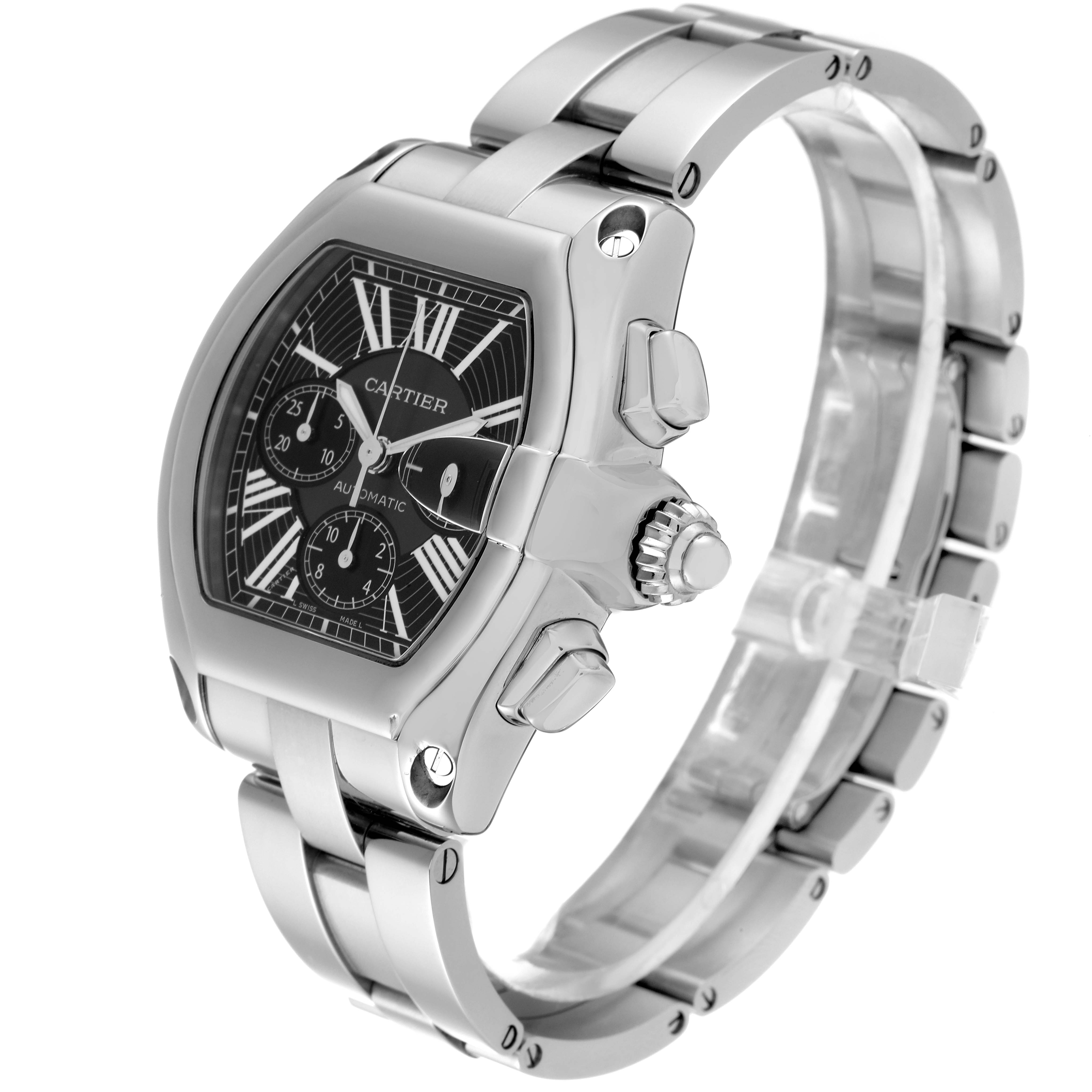 This image shows a Cartier Roadster W62020X6 Men's Stainless Steel Black Dial W62020X6 Men's Stainless Steel Black Dial watch from a front-left angle, displaying its dial, crown, and stainless steel bracelet.