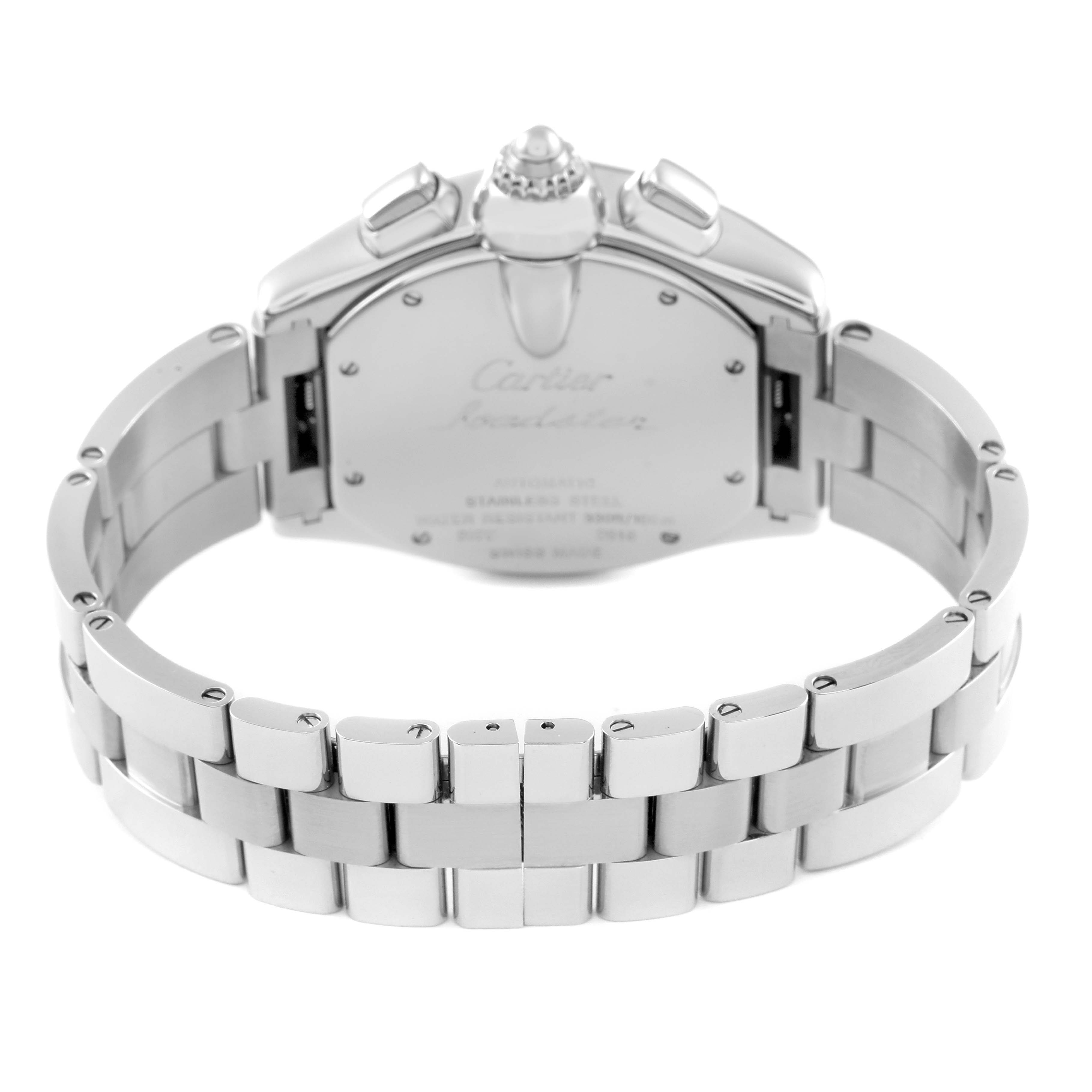 The image shows the back view of the Cartier Roadster W62020X6 Men's Stainless Steel Black Dial W62020X6 Men's Stainless Steel Black Dial watch, highlighting its stainless steel bracelet and case back.