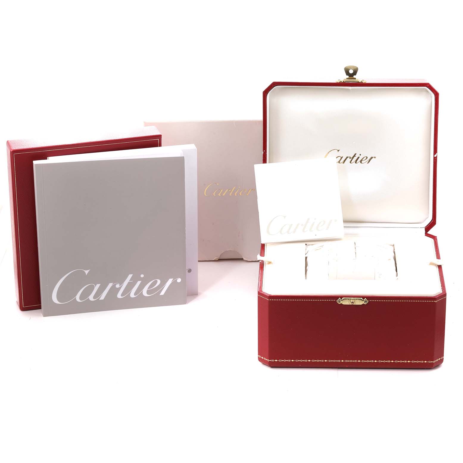 The image shows a Cartier Roadster W62020X6 Men's Stainless Steel Black Dial W62020X6 Men's Stainless Steel Black Dial watch set, including the watch box, manual, and packaging from a front angle.