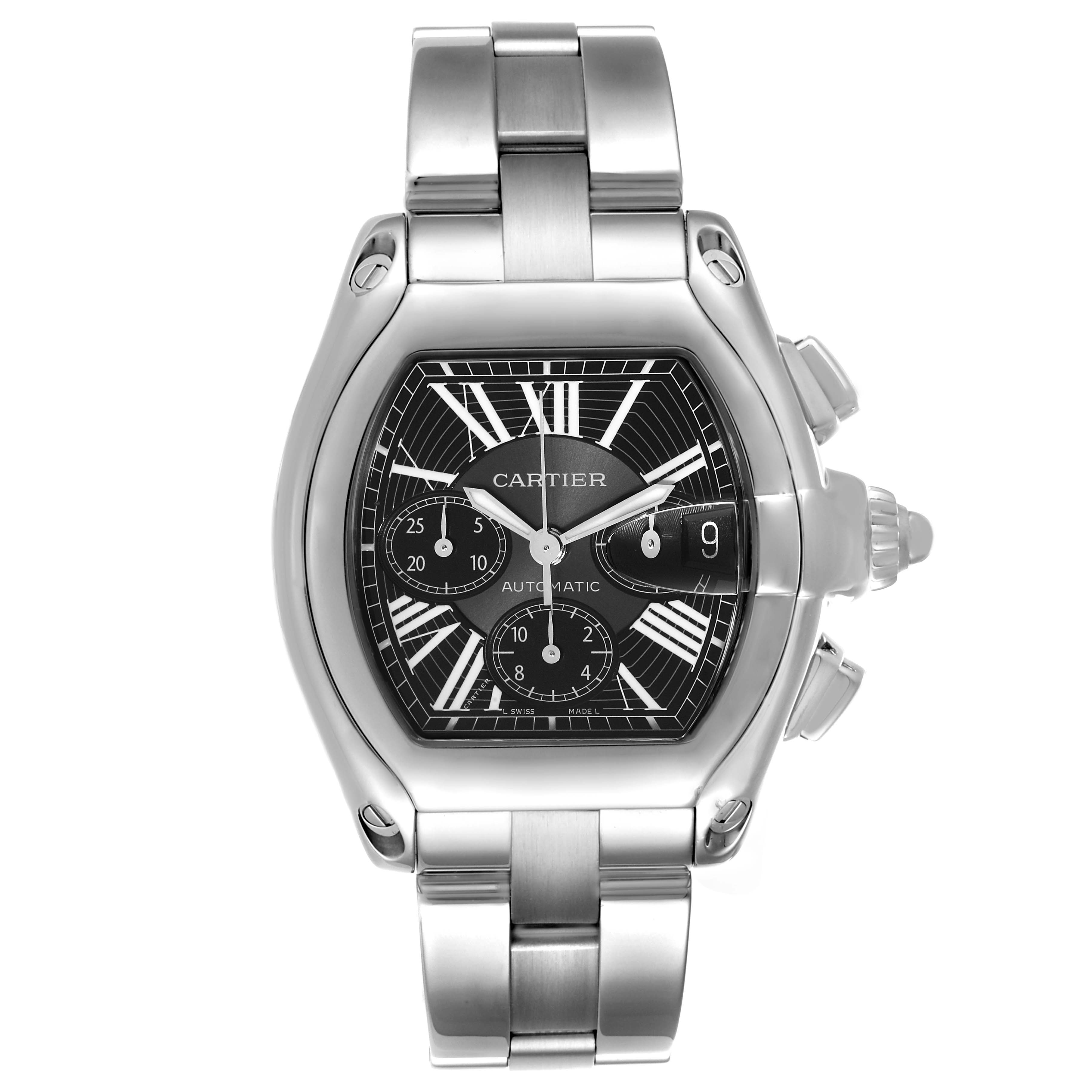 This image shows a frontal view of the Cartier Roadster W62020X6 Men's Stainless Steel Black Dial W62020X6 Men's Stainless Steel Black Dial watch, featuring its dial, case, and bracelet.