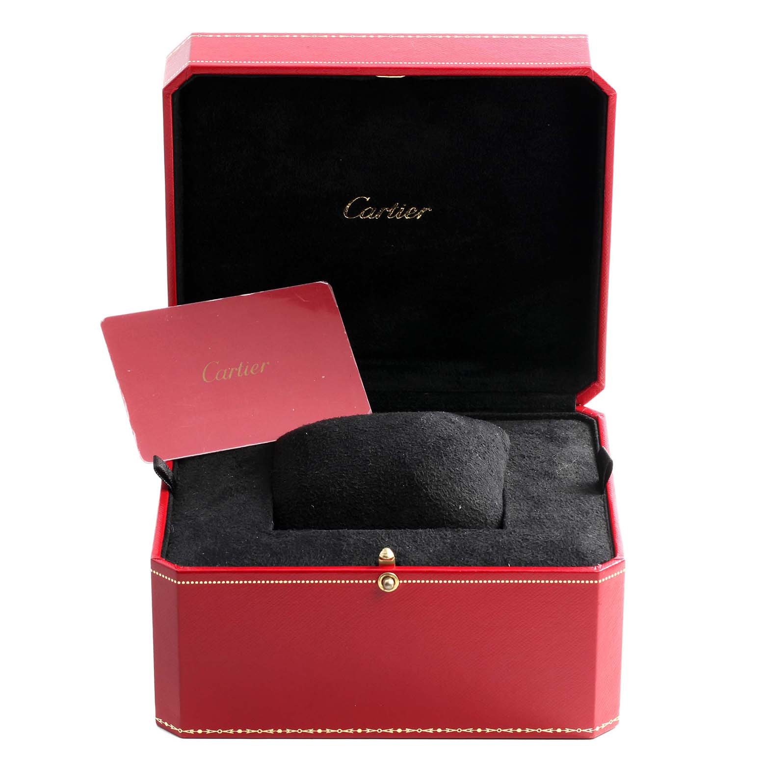 The image shows the open box and card of a Cartier Ronde W6701004 Women's Stainless Steel Silver Dial W6701004 Women's Stainless Steel Silver Dial watch, highlighting its packaging.