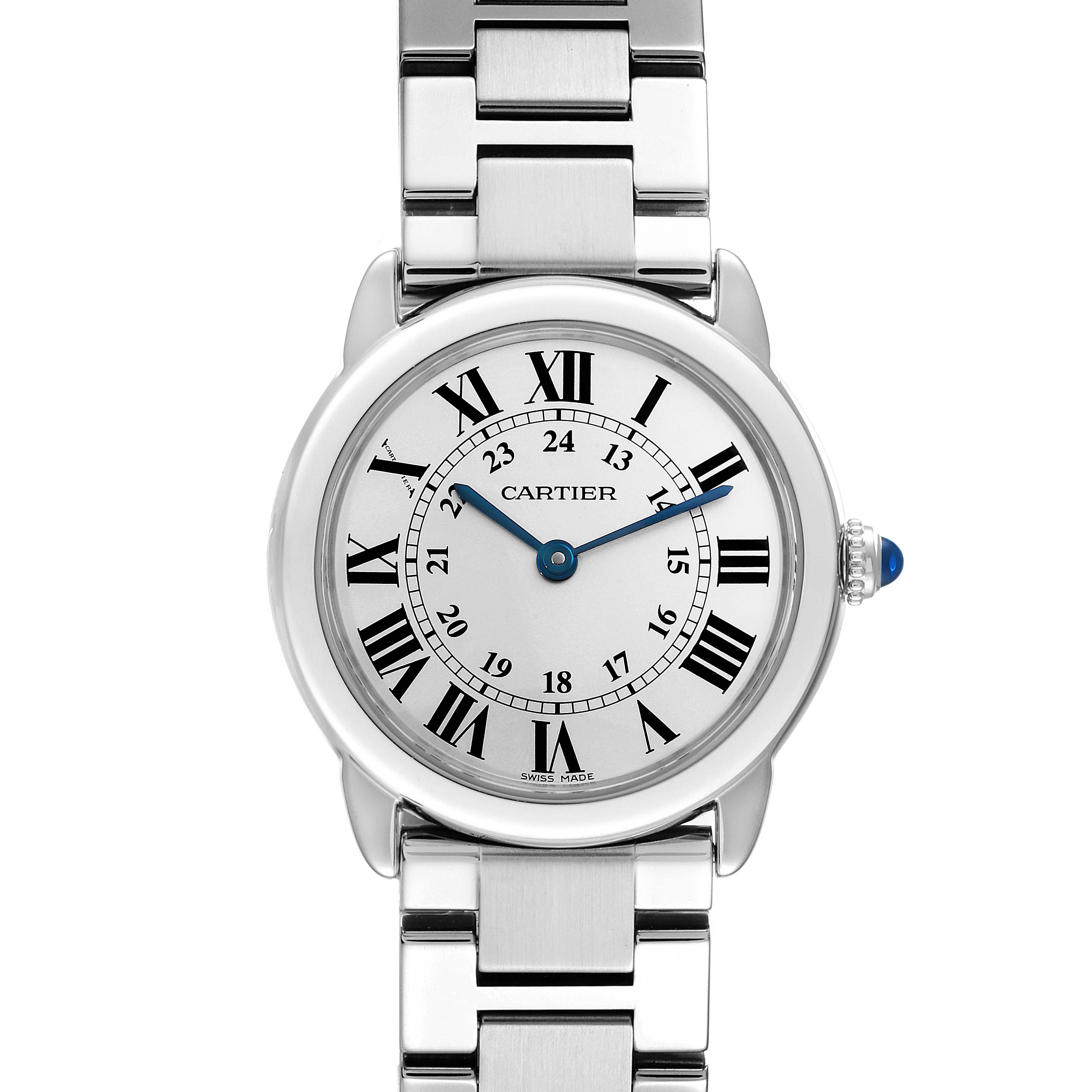 This image shows a front view of the Cartier Ronde W6701004 Women's Stainless Steel Silver Dial W6701004 Women's Stainless Steel Silver Dial watch, featuring a silver bracelet, blue hands, Roman numerals, and a blue cabochon crown.
